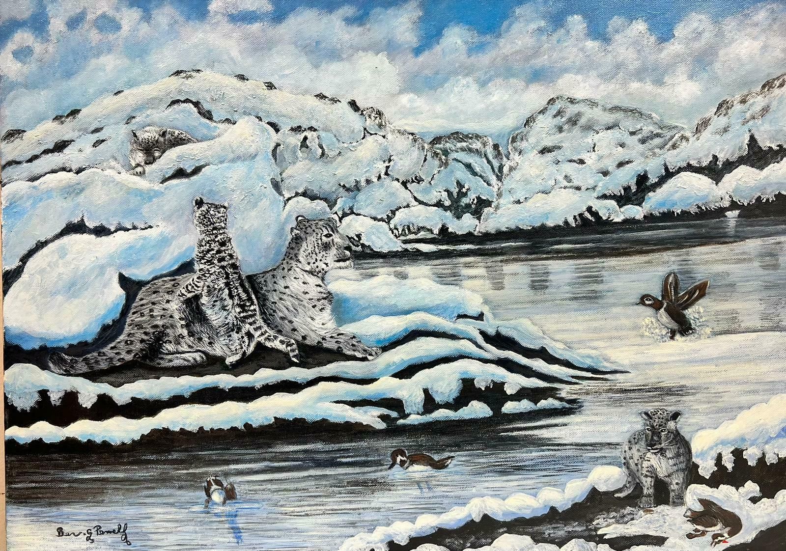 Ben Powellcontemporary British Acrylic Painting Snow Leopards In Arctic Landscape