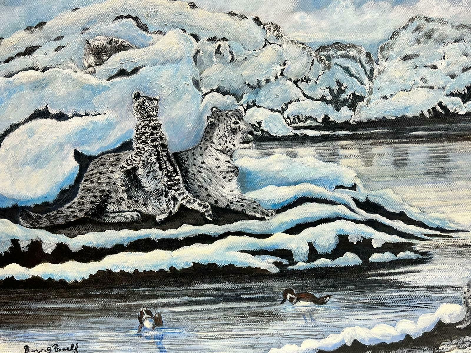 Ben Powellcontemporary British Acrylic Painting Snow Leopards In Arctic Landscape photo for sale
