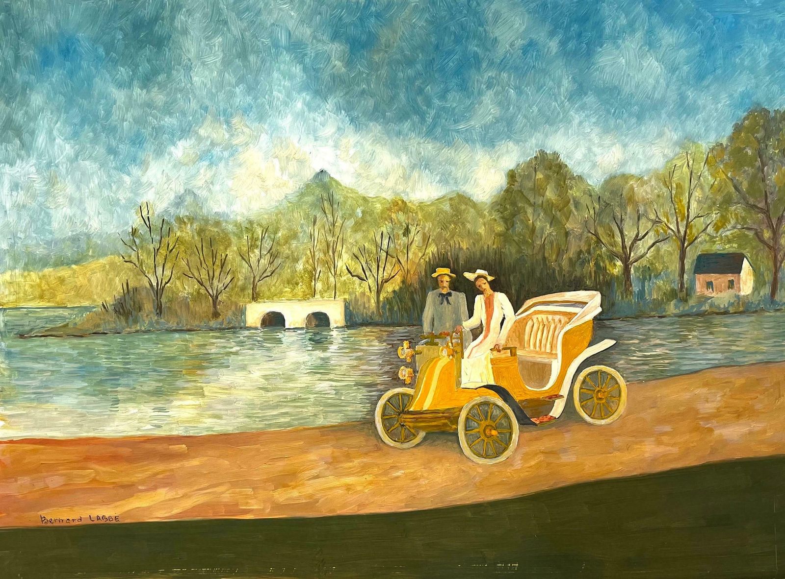 Bernard Labbe1950's Big Modernist/ Cubist Painting   The Couple In The Carriage1950's