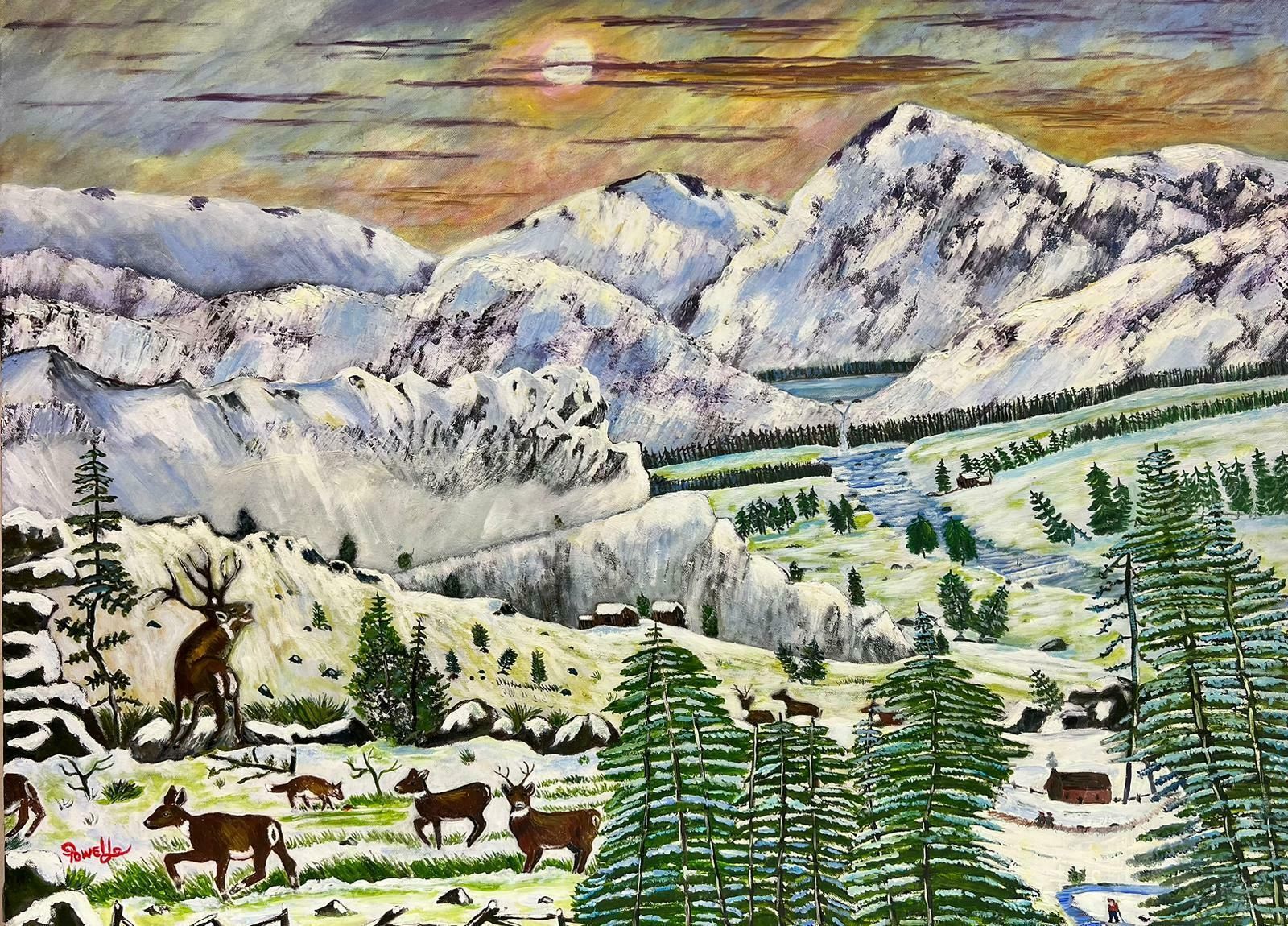 Ben Powellcontemporary British Acrylic Painting Family Of Deer/ Stags In Highland Winter
