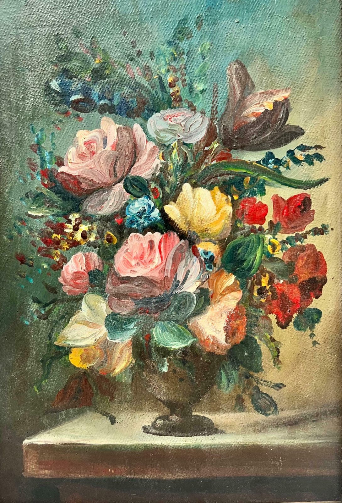 French Schoolfine Classical Still Life Oil Painting Ornate Flowers In Vase Gilt Framed Oil photo furniture