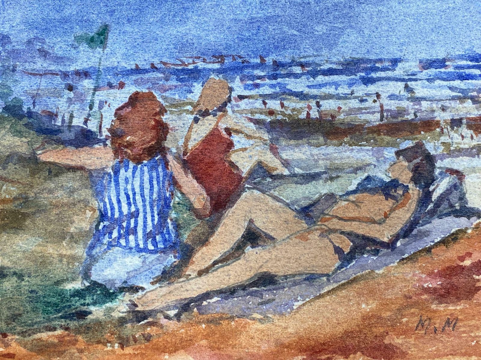 Maurice Mazeiliefrench Impressionist Signed Watercolour   Ladies Day At The Beach
