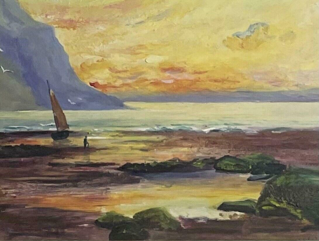English Antiqueantique English Marine Oil Painting, Dated 1906, Sunset Rocky Coastline