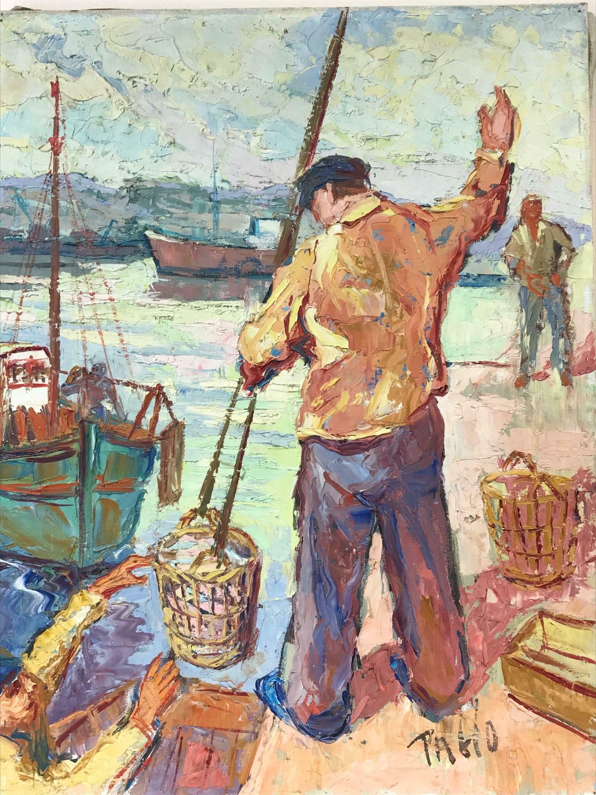 French Schoolsuper 1950's French Post Impressionist Signed Oil   Fishermen Marseille Harbour photo for sale