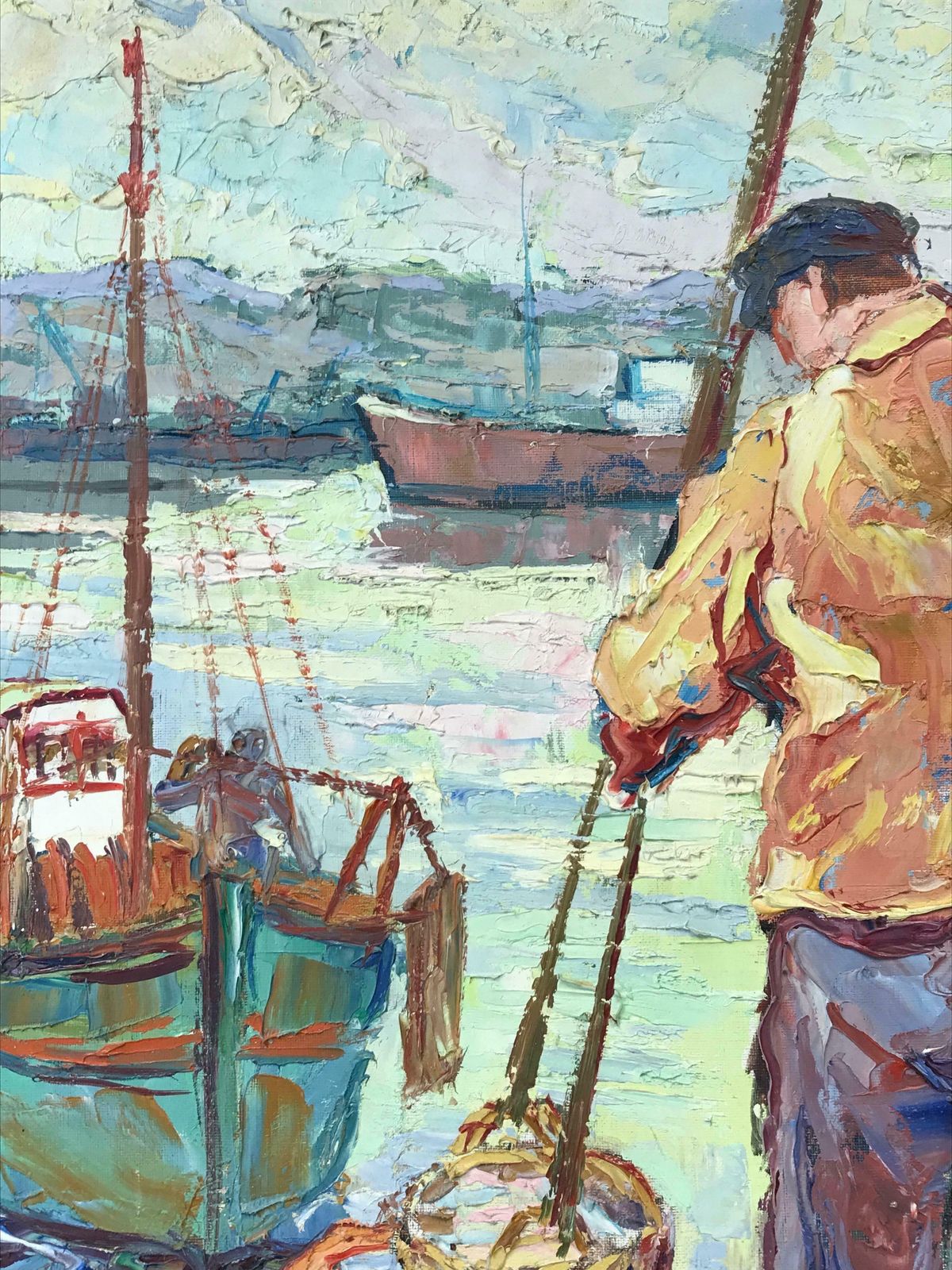 French Schoolsuper 1950's French Post Impressionist Signed Oil   Fishermen Marseille Harbour photo buy