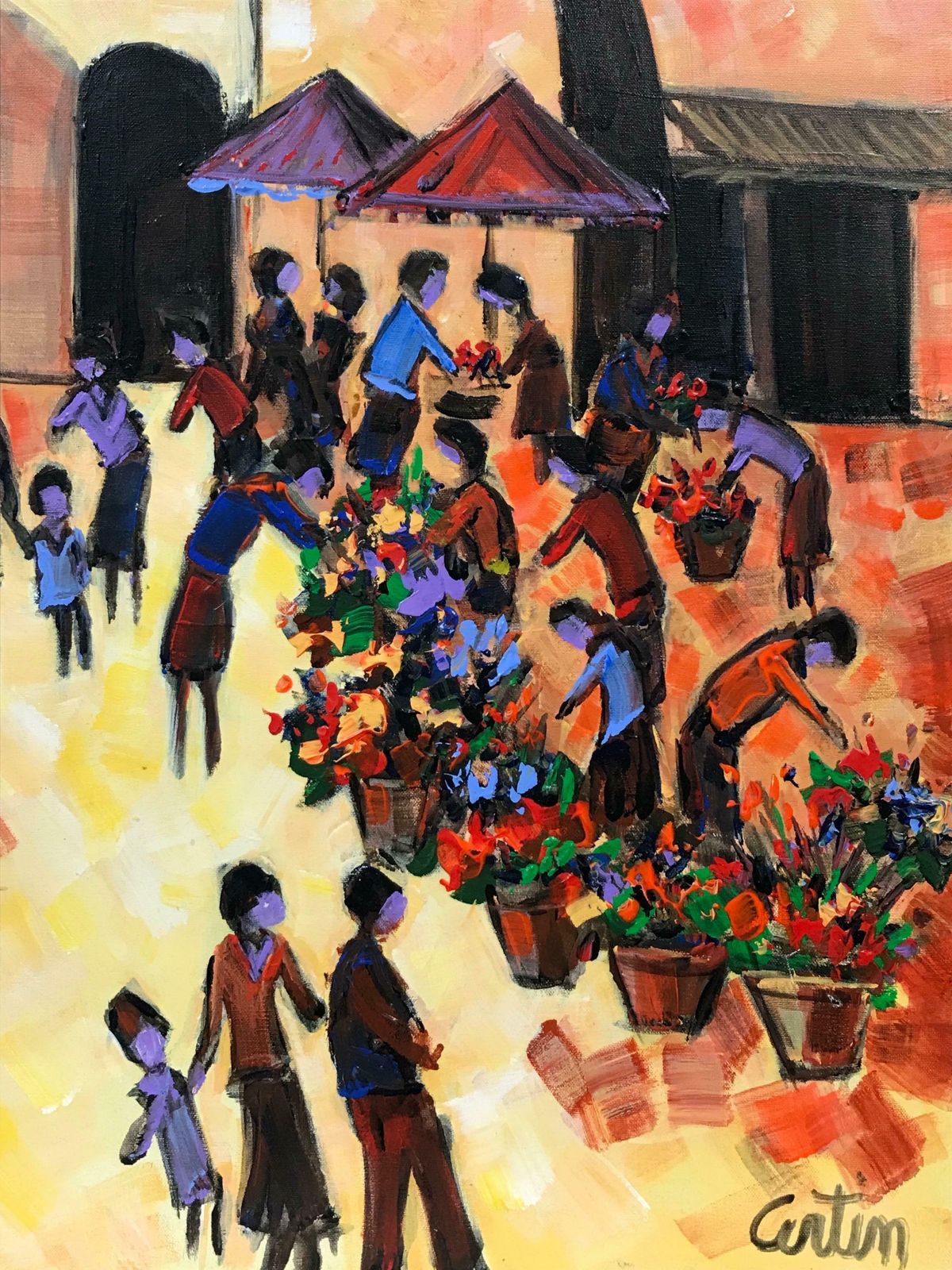 French Schoolprovencal Town Market Square Busy Scene With Many Figures With Flowersc. 2000 photo 1530.0