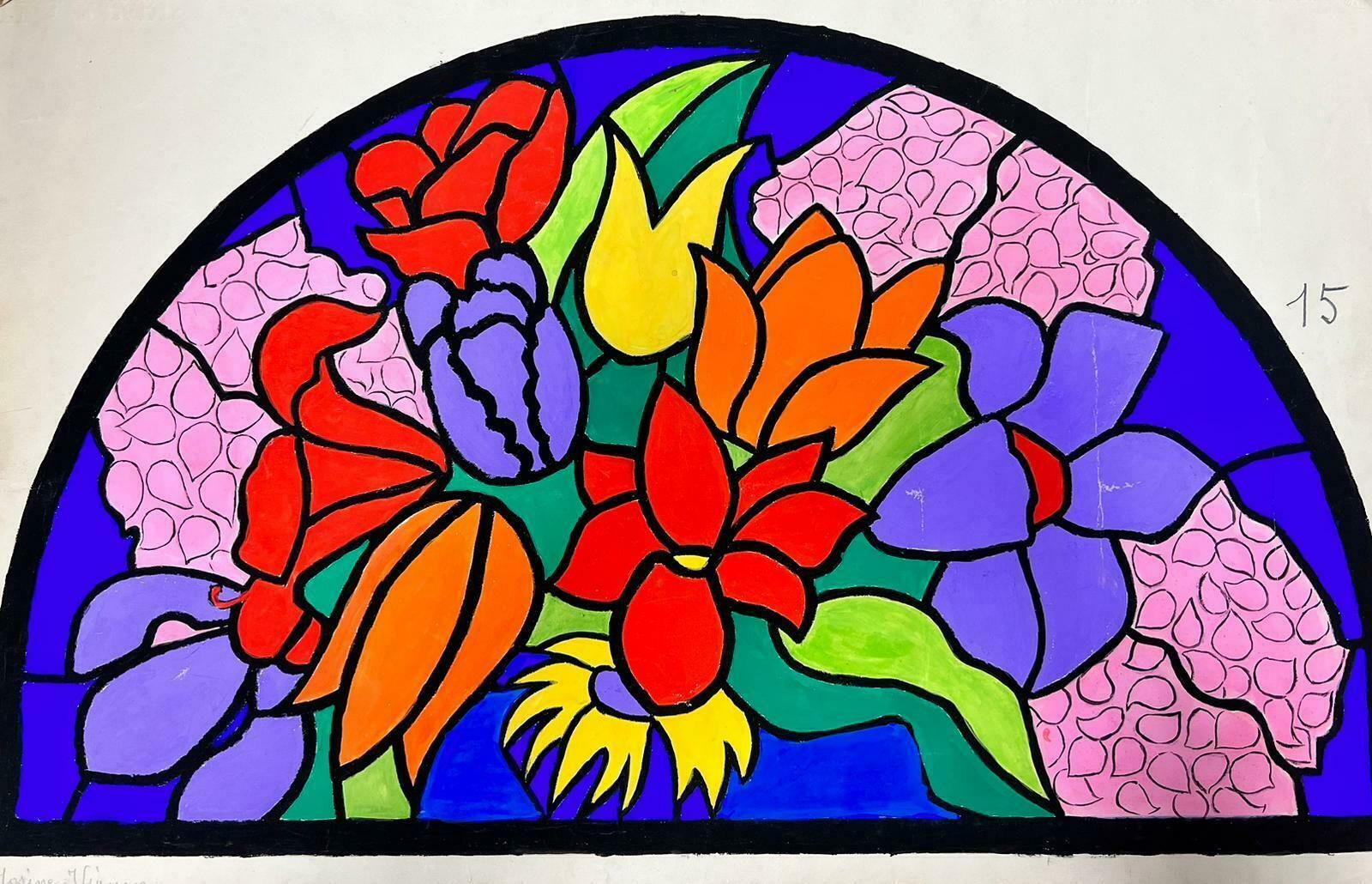 Josine Vignonmid Century French Illustration Of A Floral Stained Glass Window Sketch1960's