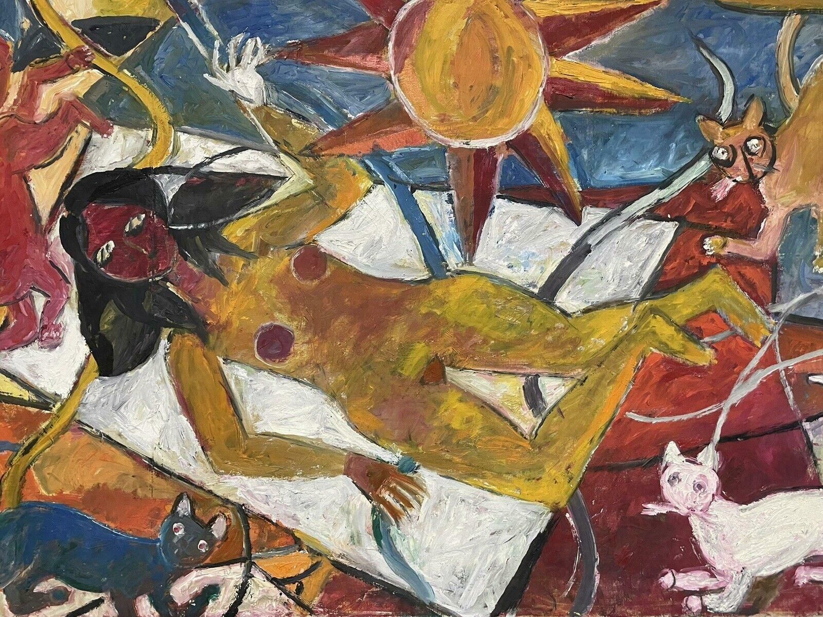 French Schoolhuge French Modernist Abstract Oil Painting Nude Lady Sunbathing With Cats20th Century