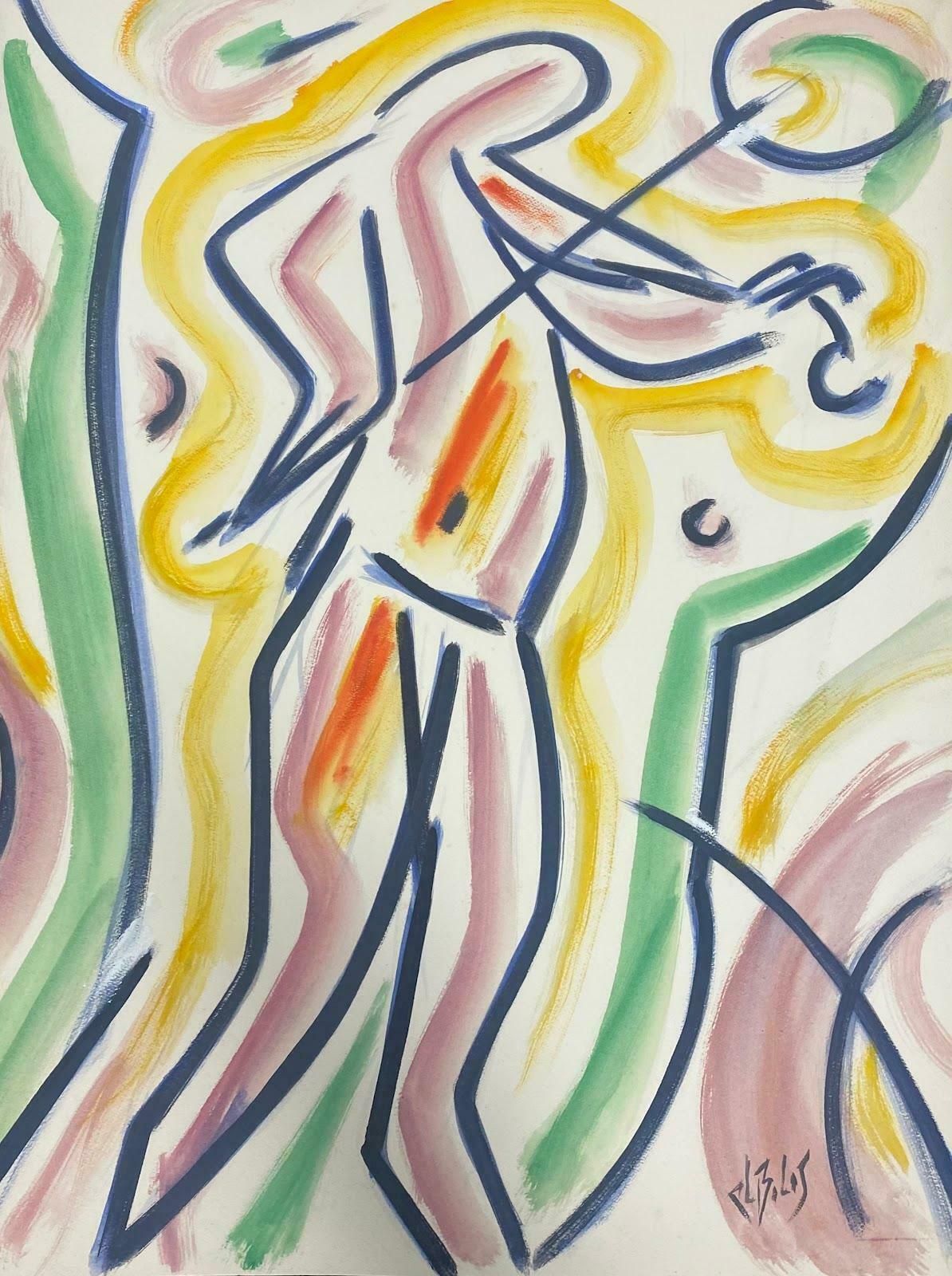 Paul Louis Bolot (French 1918 2003)1980's French Modernist Painting Amusing Multi Color Abstract Figure With Violin1983