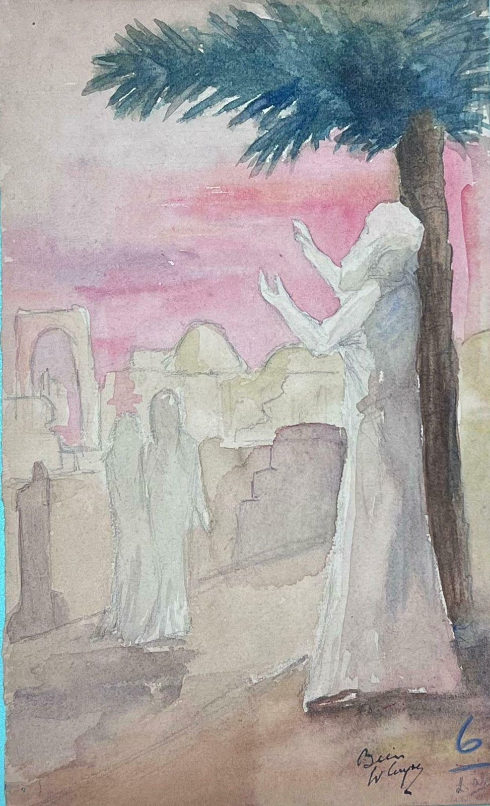 Louise Alix1930's French Impressionist Figure Praying To The Sky Under Palm Tree1930's photo Art