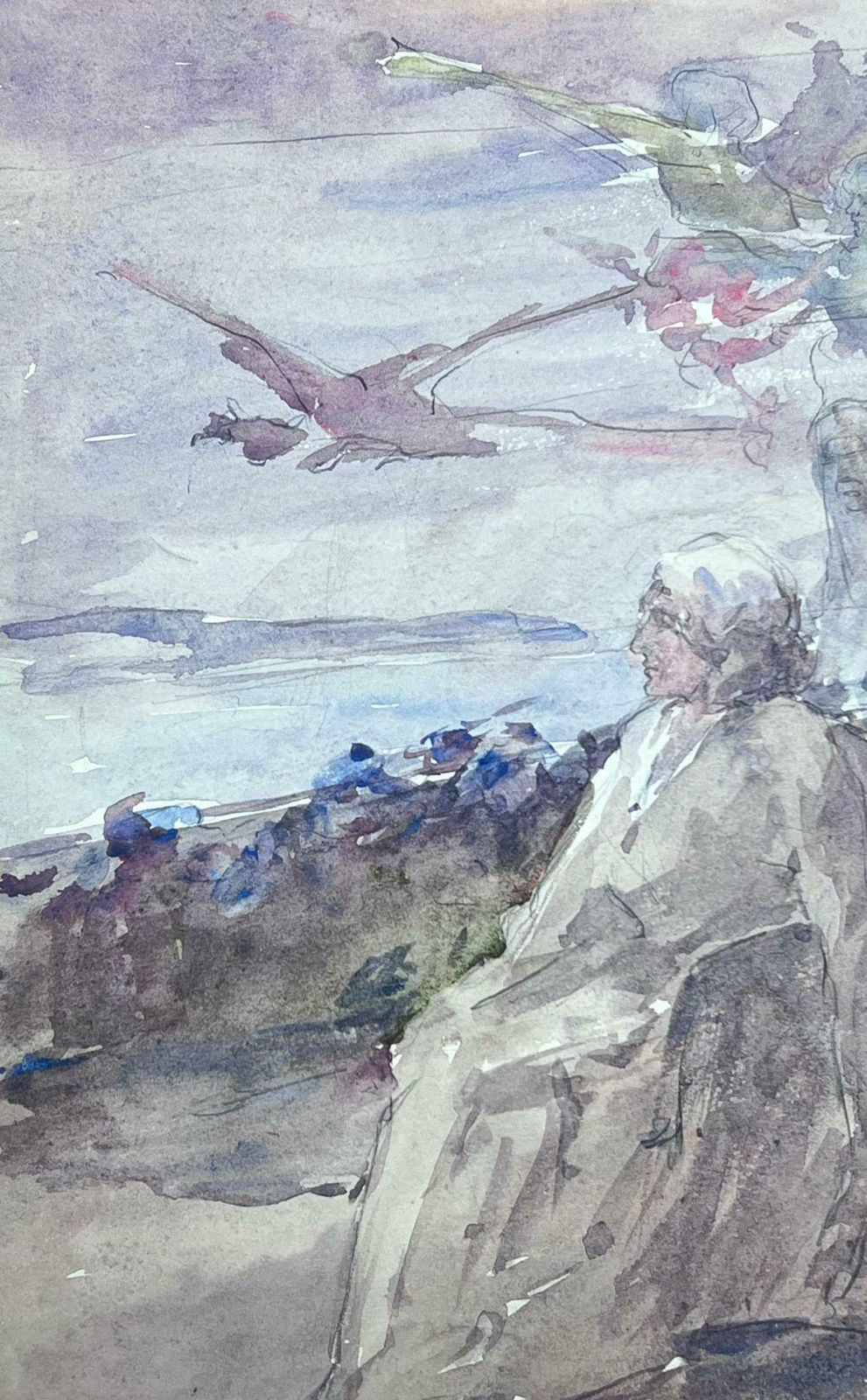 Louise Alix1930's French Impressionist Angels Flying Over Figure Sat On Terrace1930's photo Art
