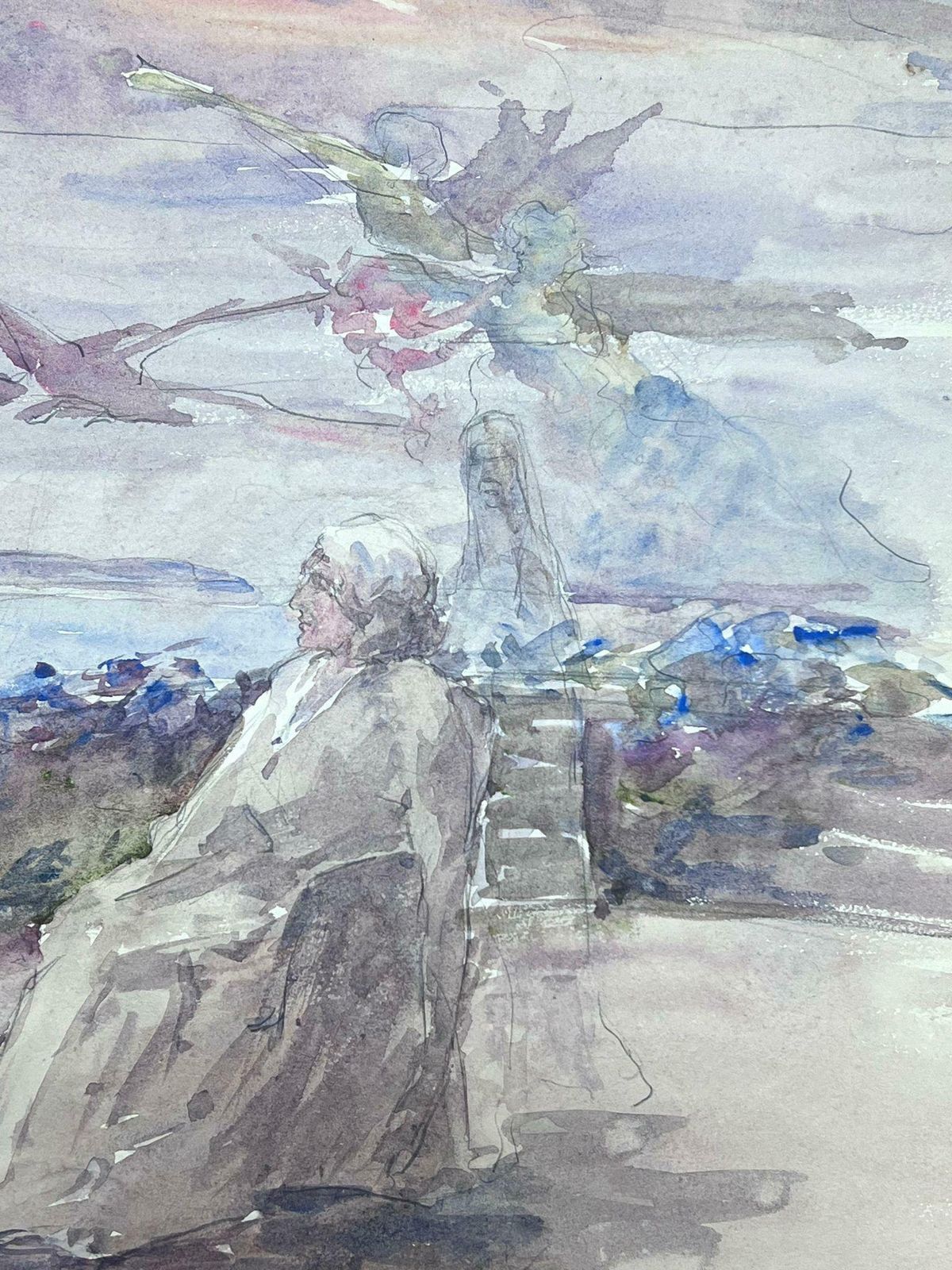 Louise Alix1930's French Impressionist Angels Flying Over Figure Sat On Terrace1930's photo 606.0