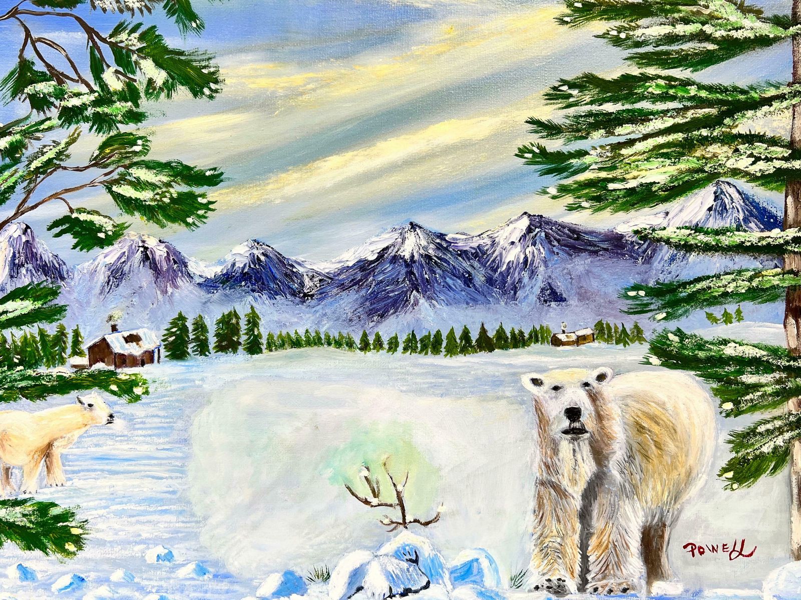 Ben Powellnaive British Contemporary Painting Two Polar Bears In Winter Landscape photo for sale