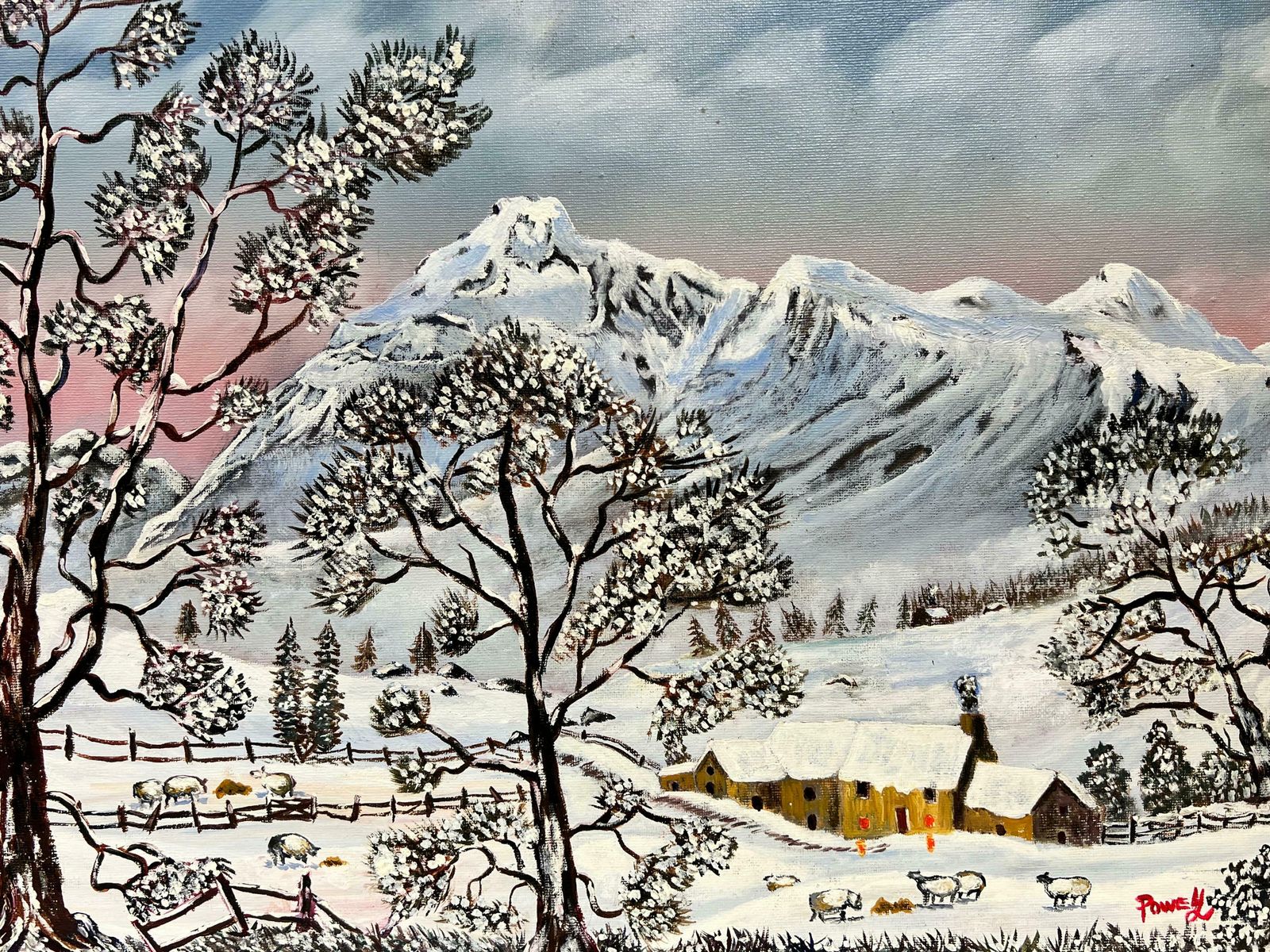 Ben Powellwelsh Winter Landscape Sheep In Valley Covered In Snow Original British Oil photo for sale