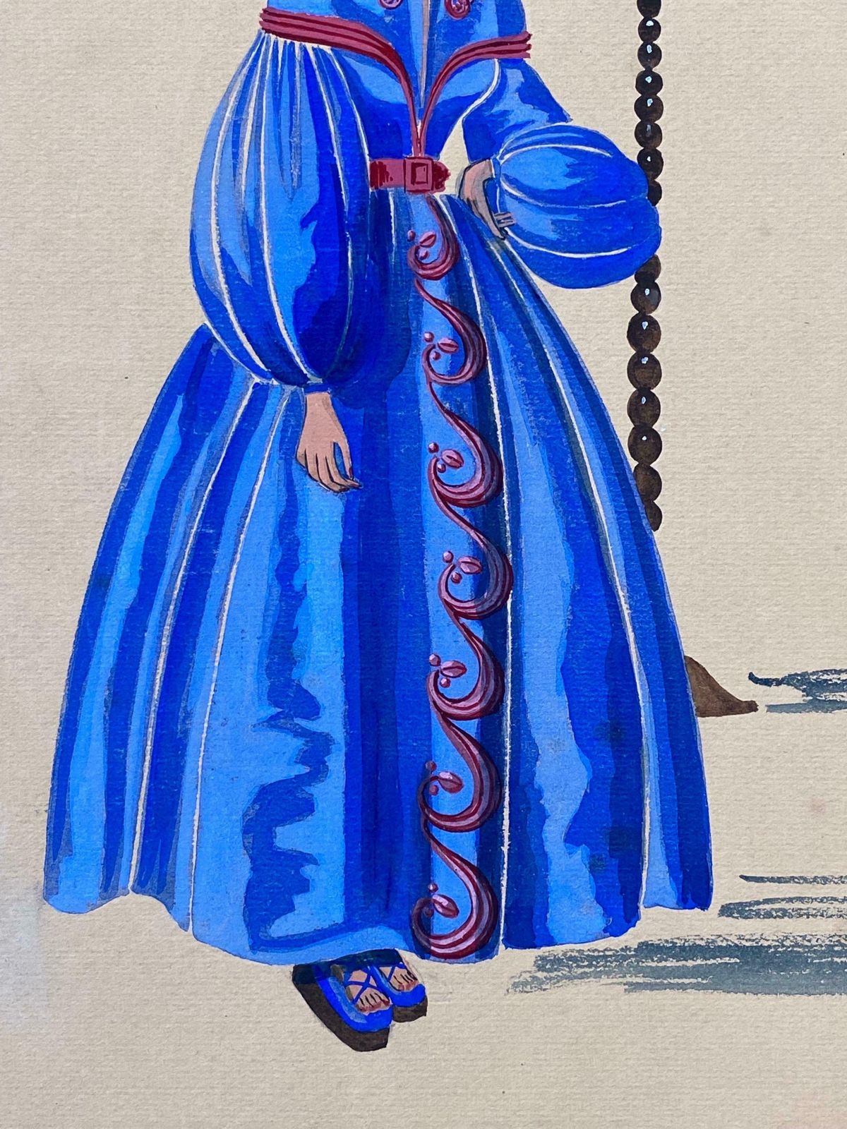 Geneviève Thomas1940's Fashion Illustration   Lady In Bright Blue Puffy Dress, Interior Scenec. 1940's photo for sale