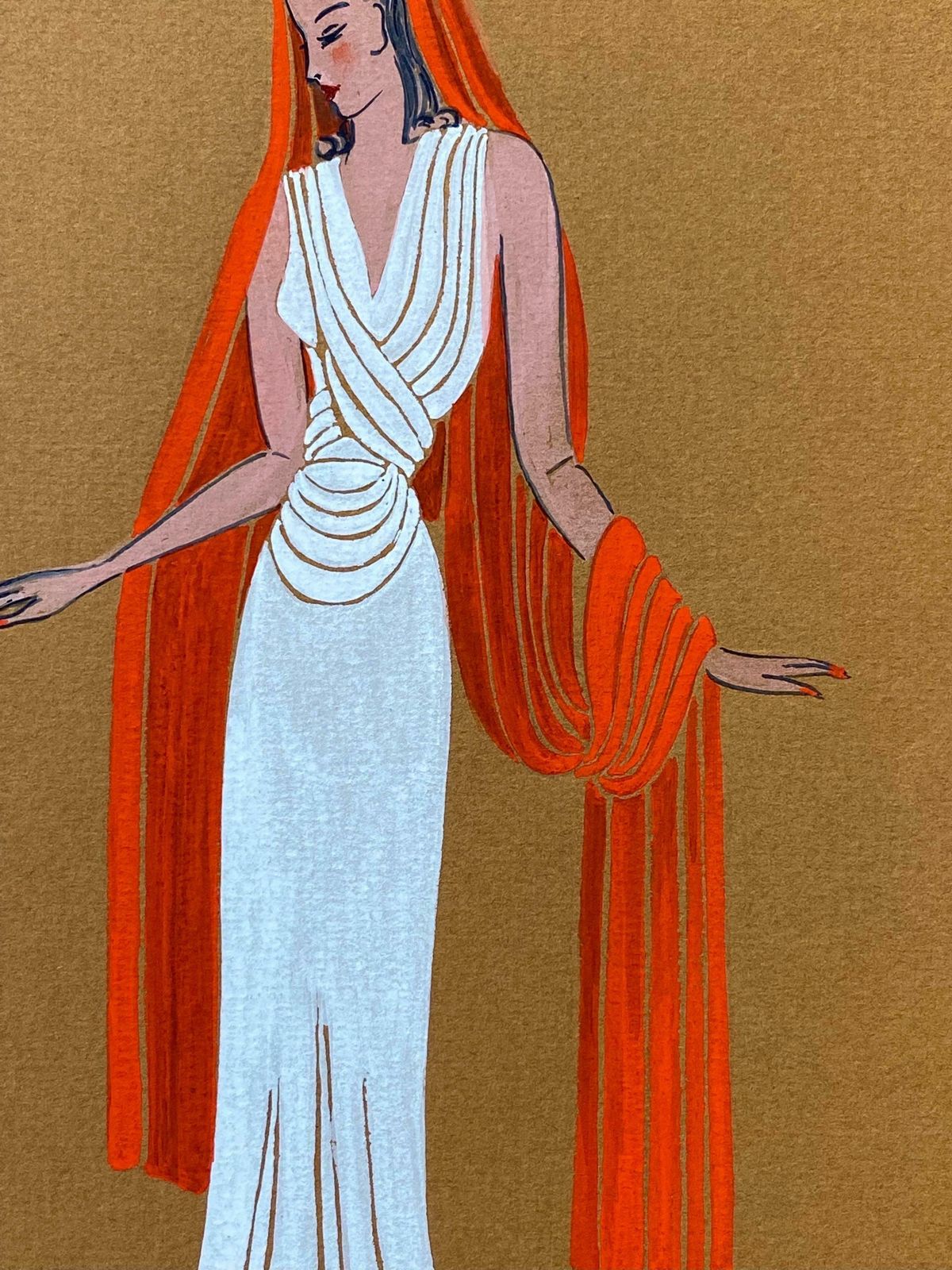 Geneviève Thomas1940's Fashion Illustration   Lady In White Dress With Draped Orange Head Scarfc. 1940's photo furniture