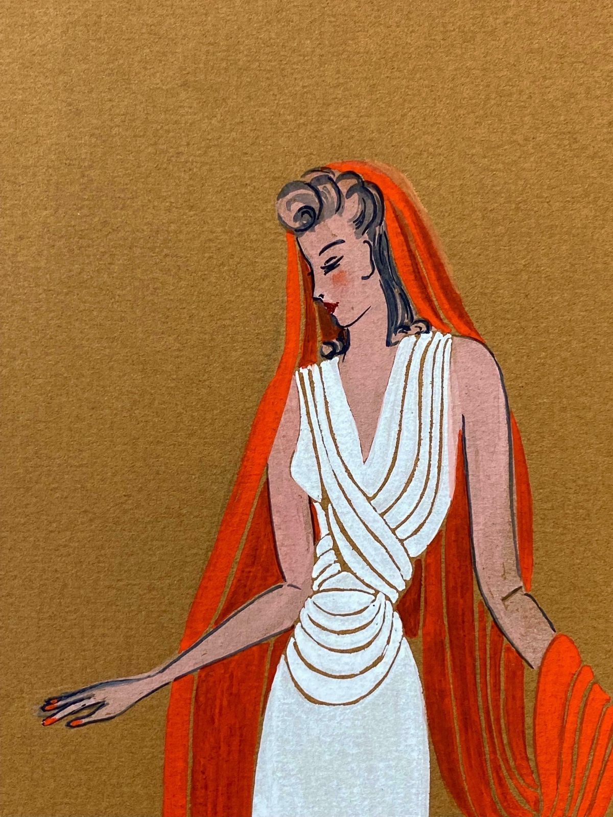 Geneviève Thomas1940's Fashion Illustration   Lady In White Dress With Draped Orange Head Scarfc. 1940's photo for sale
