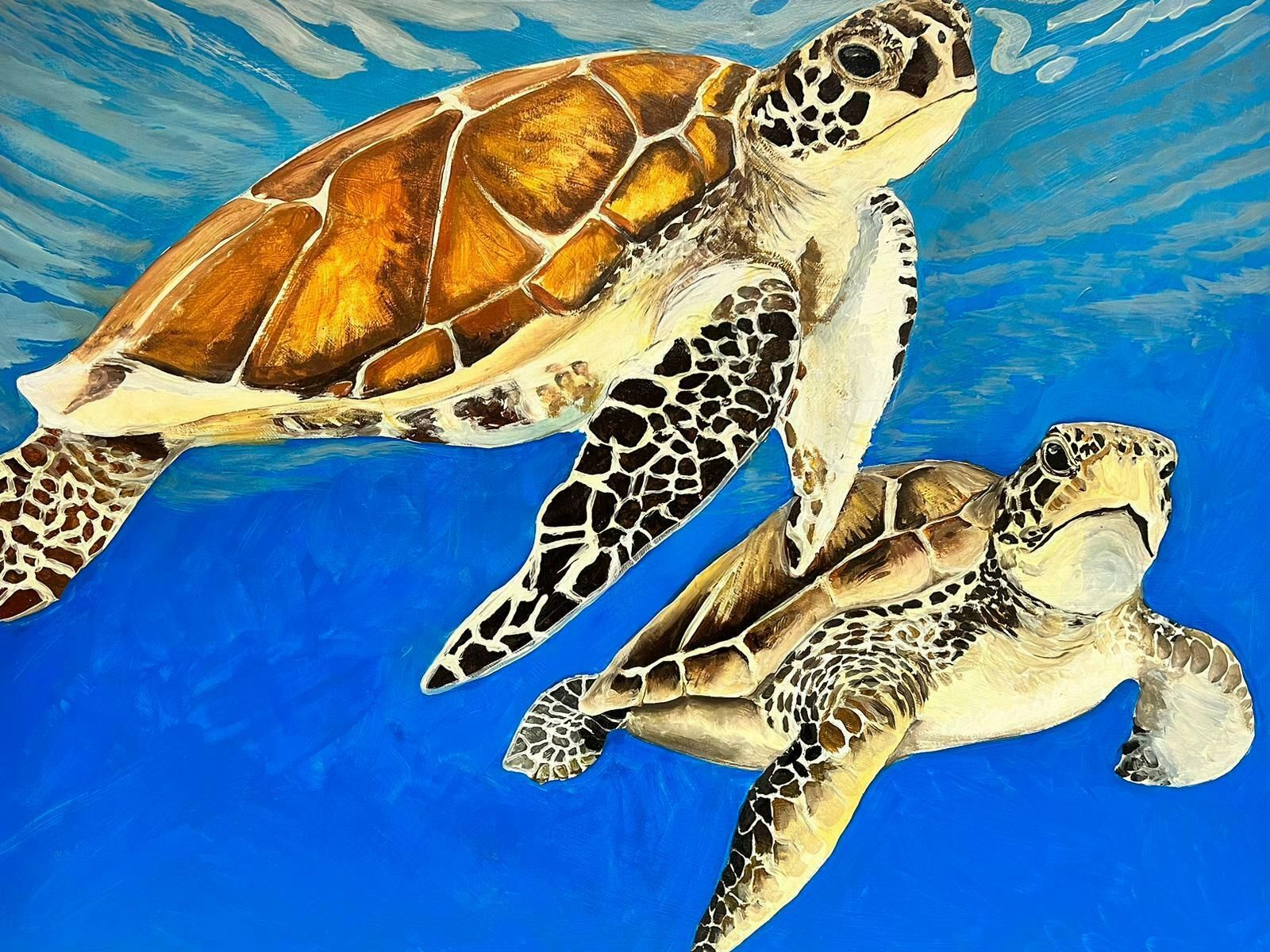 British Contemporarysea Turtles Swimming In Blue Sea Large Contemporary British Painting On Canvas photo furniture