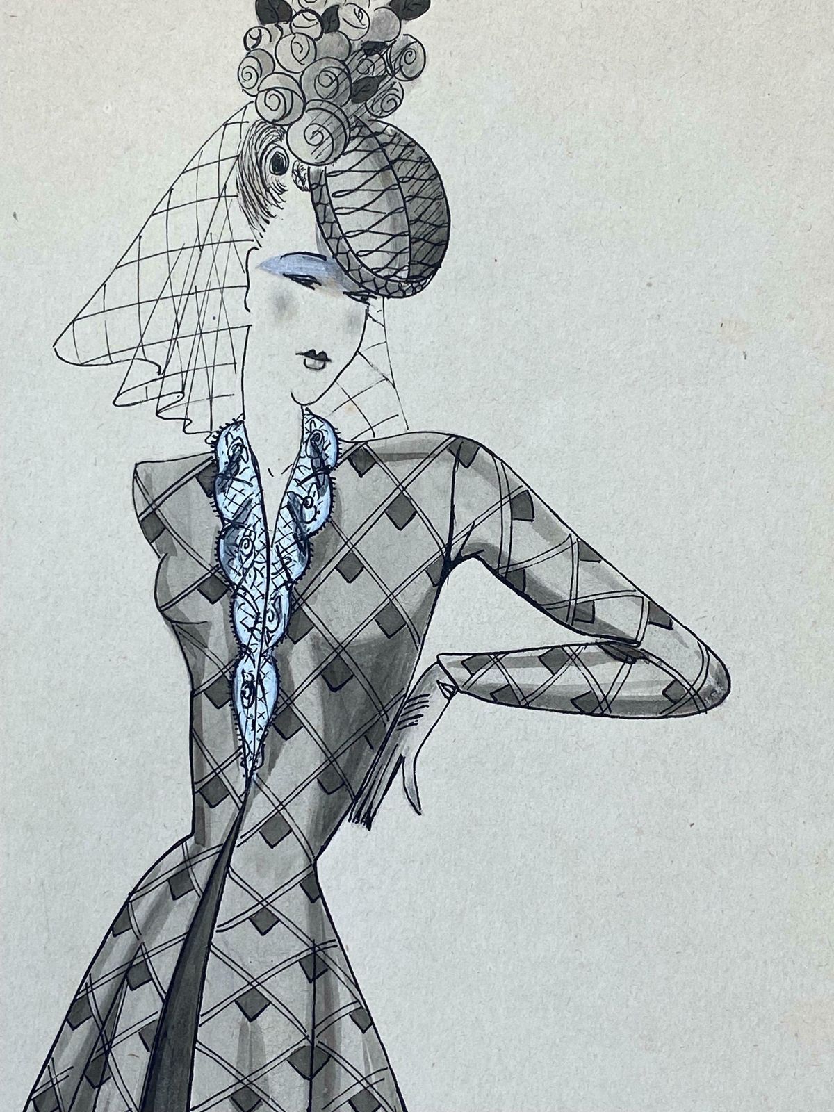 Geneviève Thomas1940's French Fashion Illustration   Chic Lady In Blue Detailed Dressc. 1940's photo Art