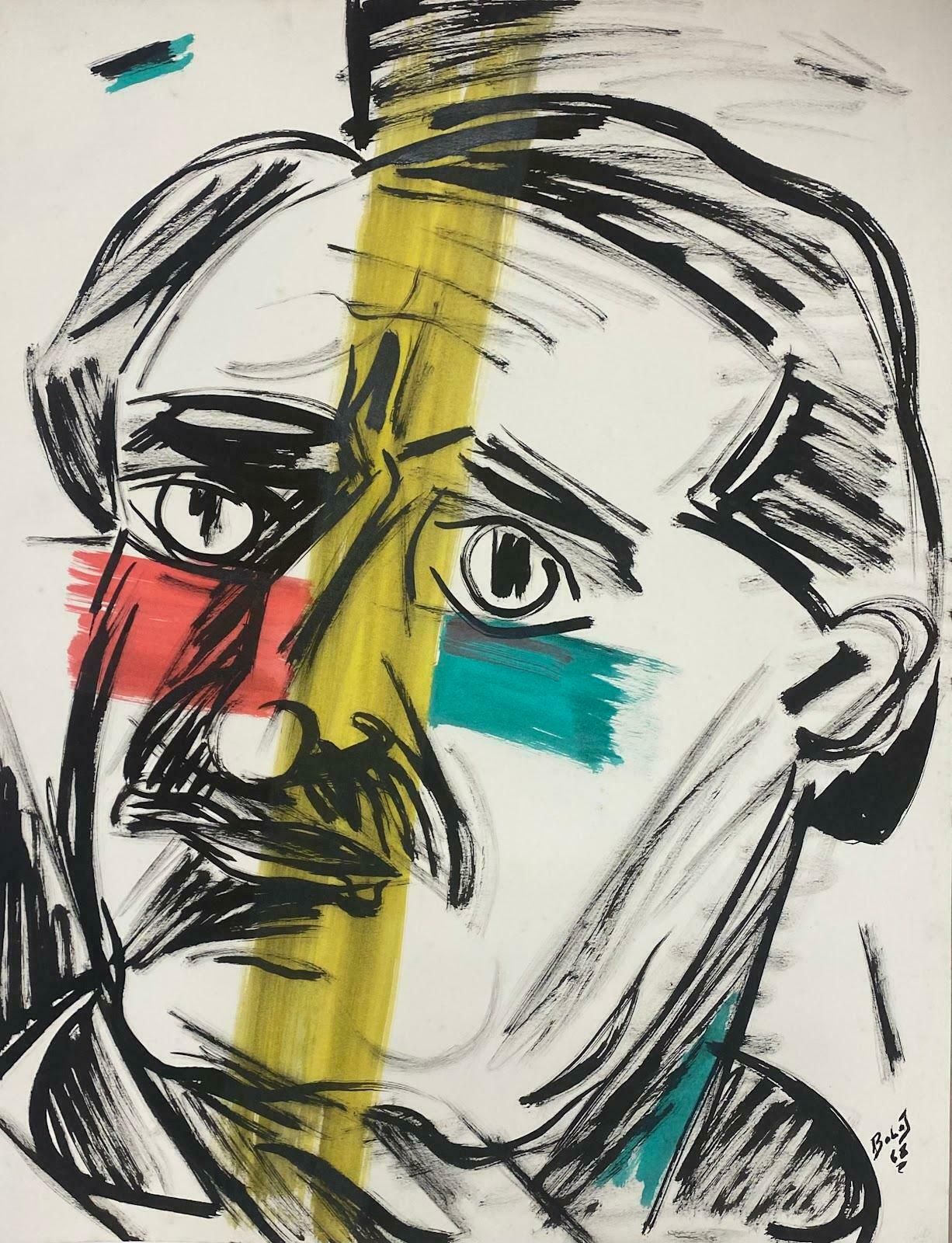 Unknown French  Gouache Painting Man With Moustache Portrait With Colorful Stripes1968