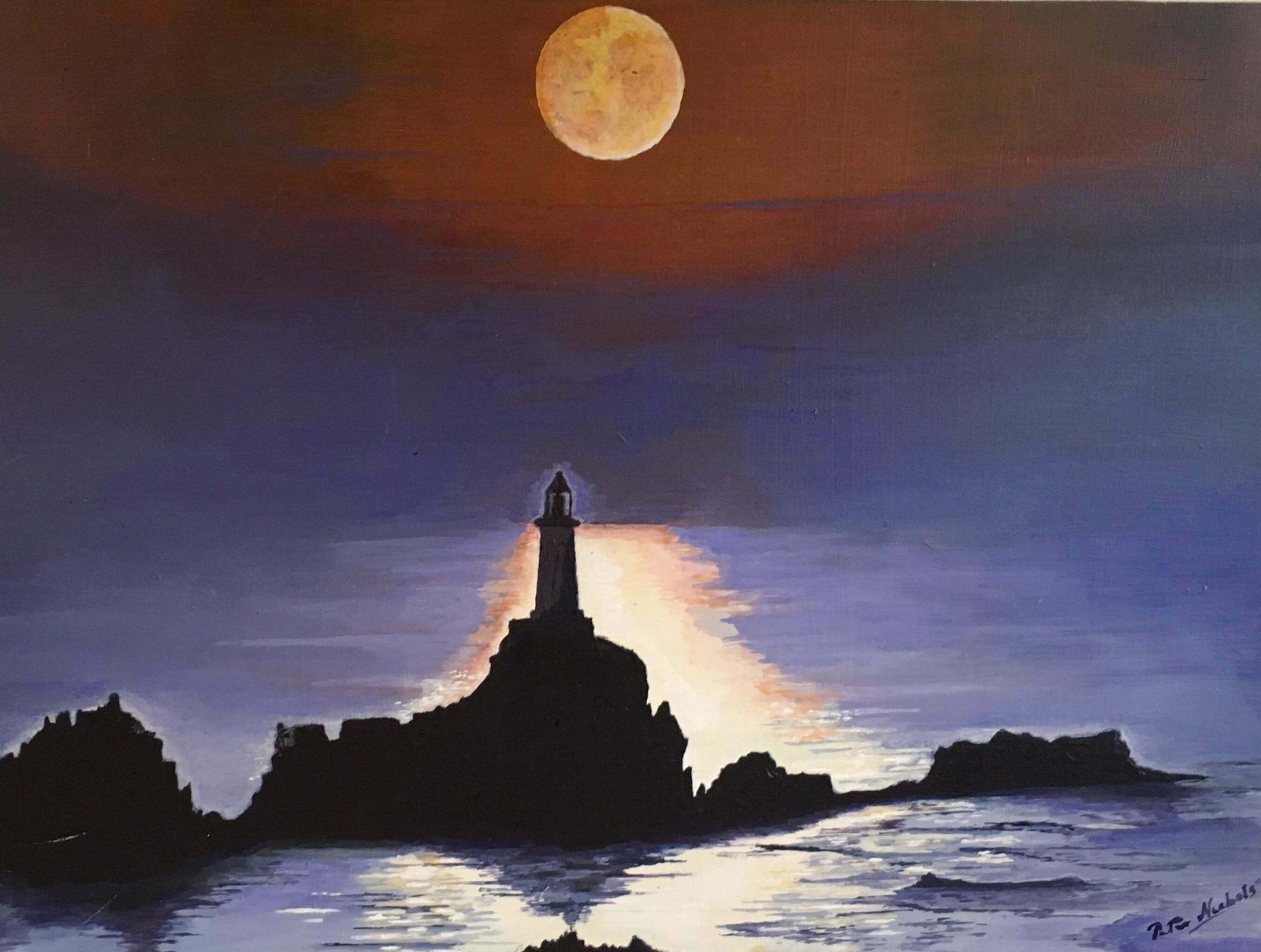 Peter Nicholslighthouse At Night, Silhouette Landscape Large Signed Oil Paintingc. 2009