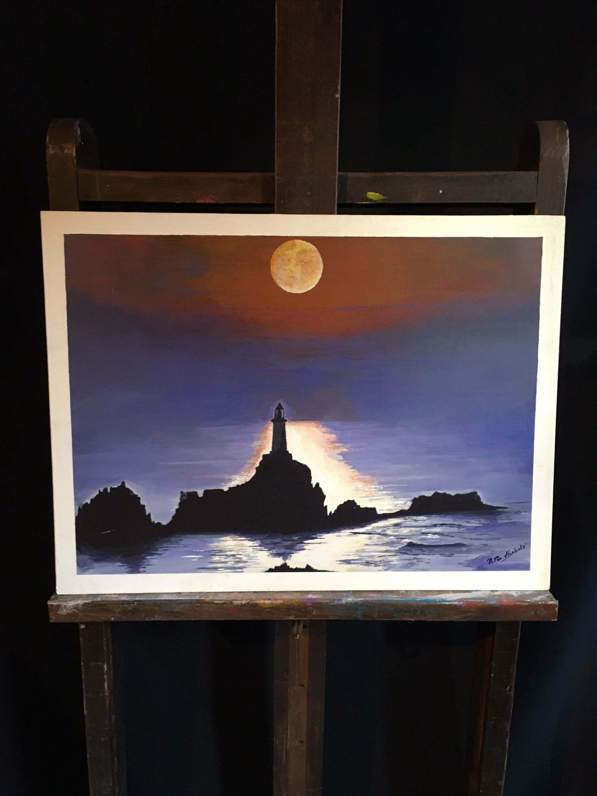 Peter Nicholslighthouse At Night, Silhouette Landscape Large Signed Oil Paintingc. 2009 photo furniture