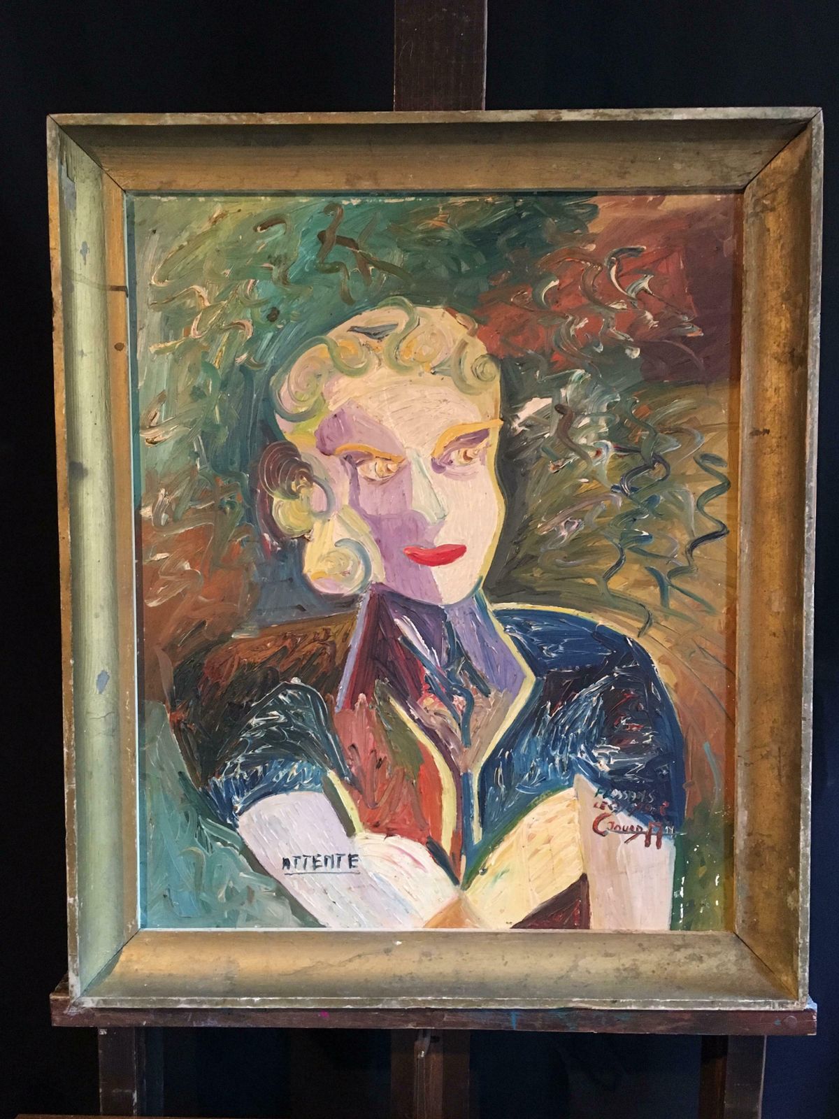 Unknown'attente' 1950's Cubist Abstract Portrait, Oil Painting, Signed1952 photo furniture