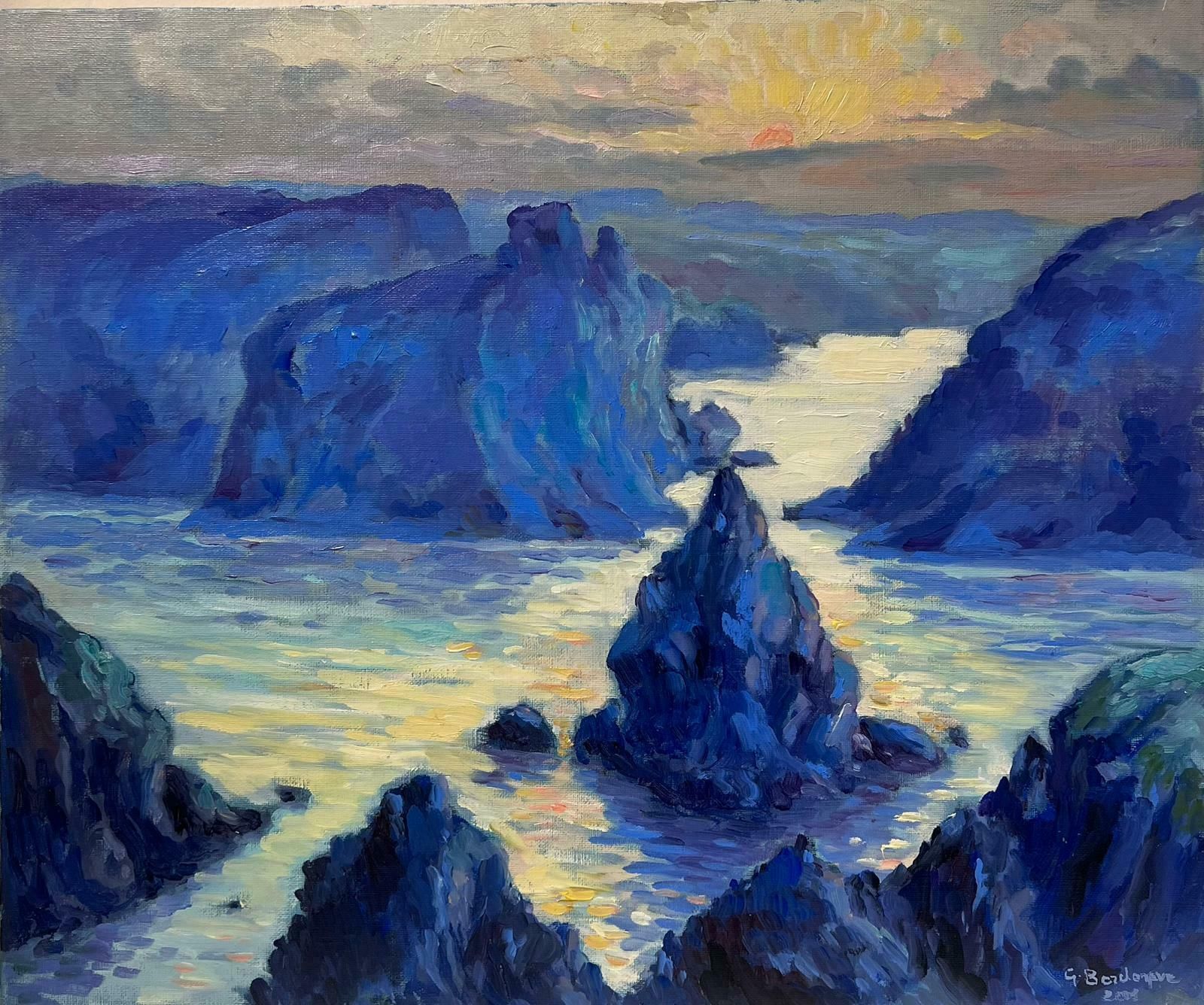 Georges Bordonovecontemporary French Impressionist Oil Sunset Over Coastal Cliffs Rocky Seascape