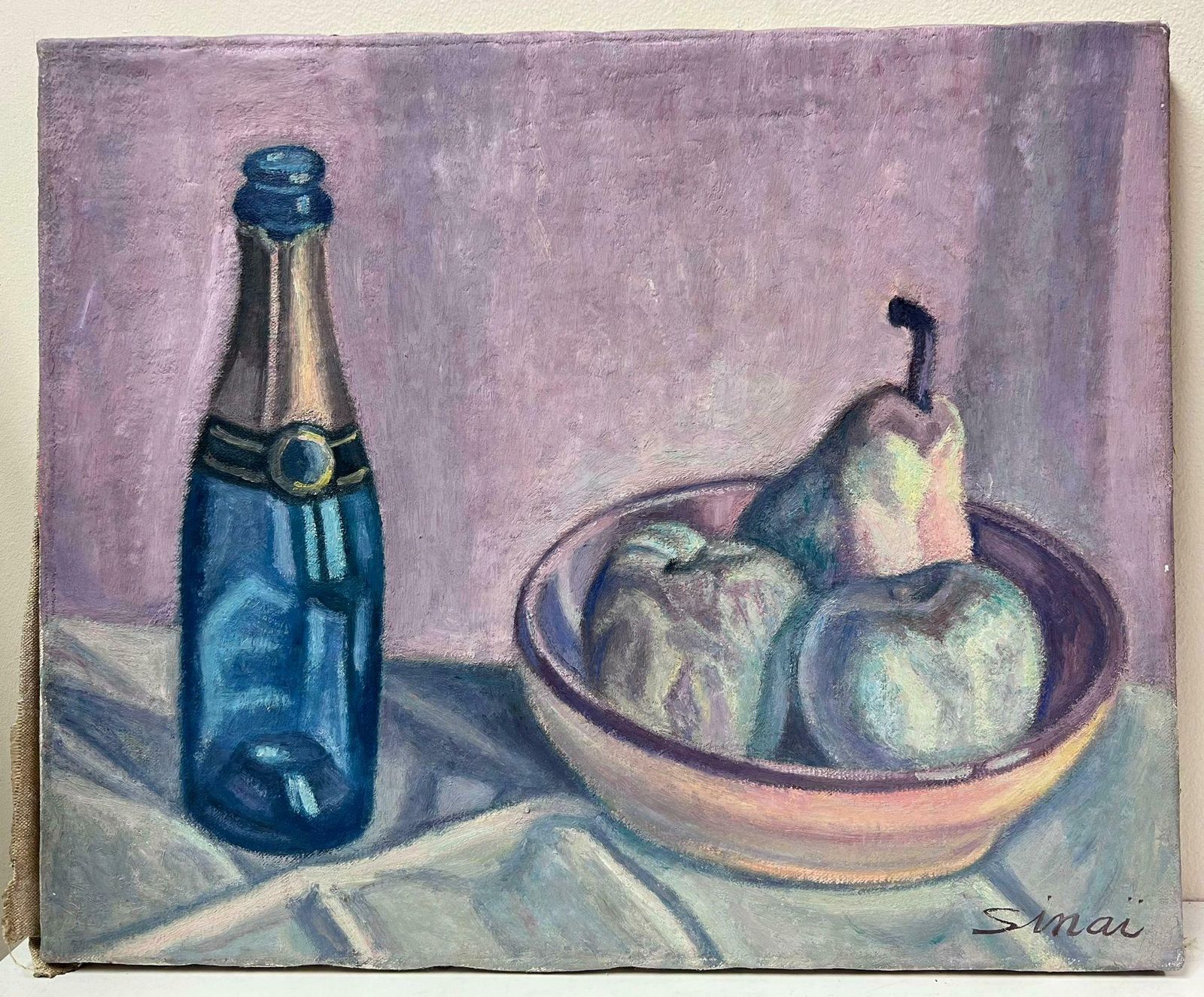 French Schoolfrench Post Impressionist Signed Oil Still Life Champange Bottle And Fruit Bowl photo 382.0