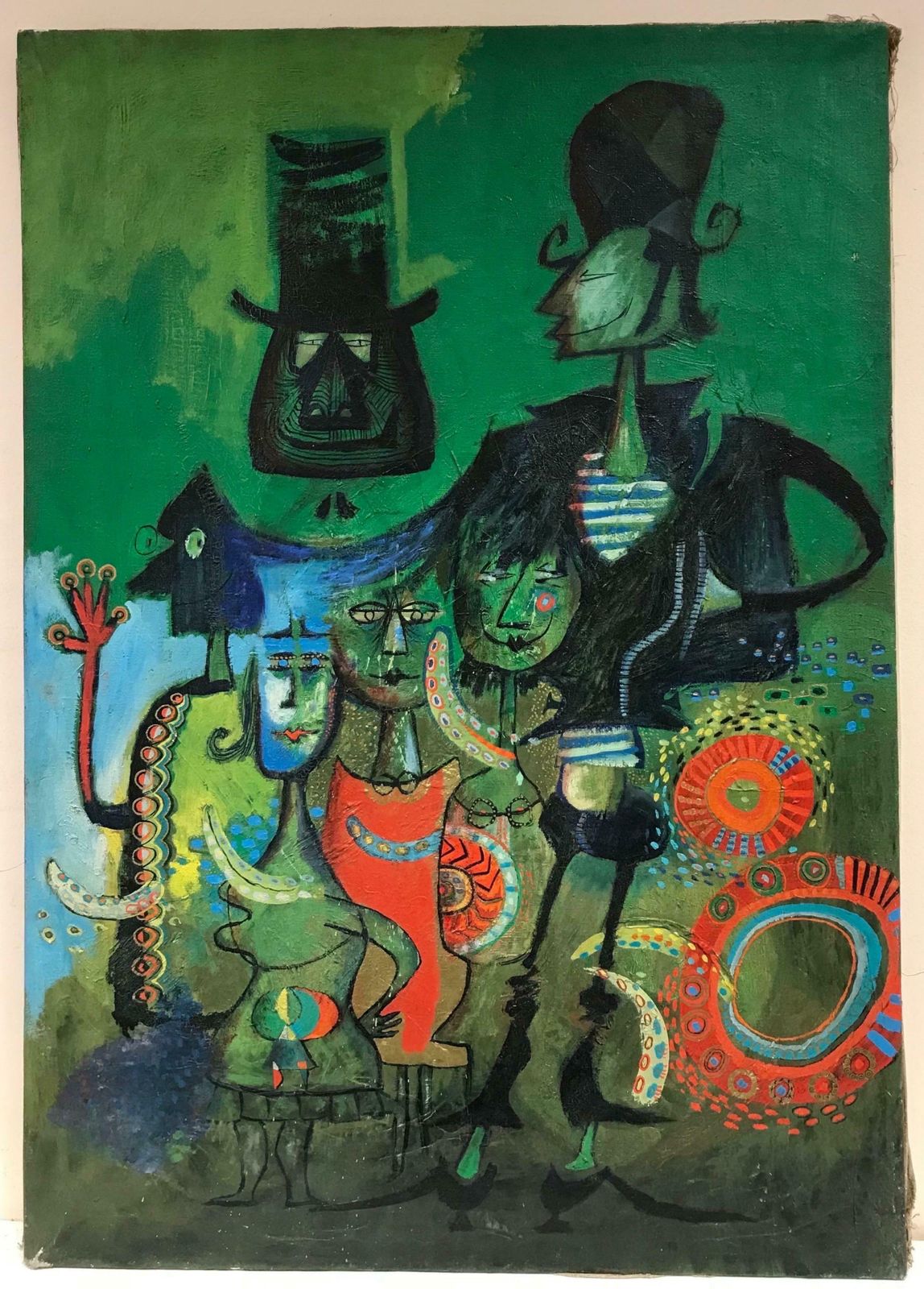20th Century French School1960's French Modernist Oil Painting Green Background With Bizarre Figures1960's photo furniture