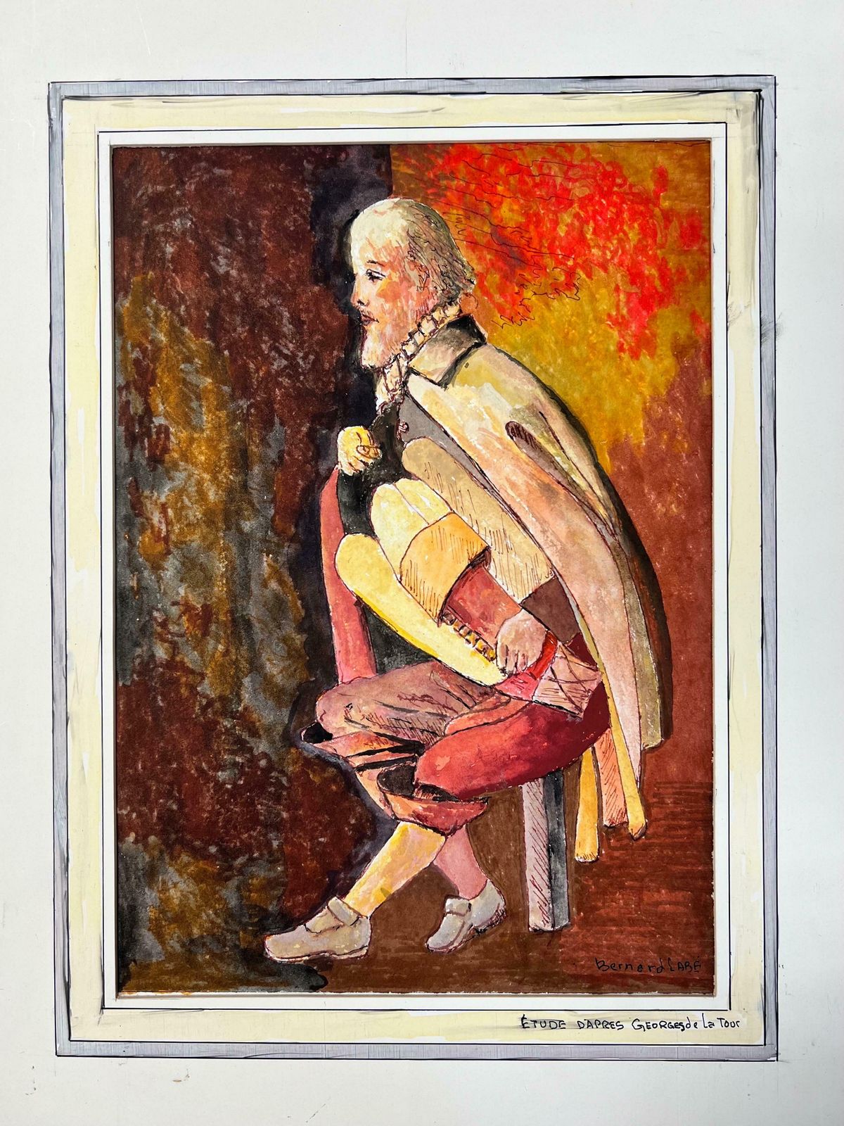 Bernard Labbe1950's Modernist/ Cubist Painting   Figure Playing The Accordion1950's