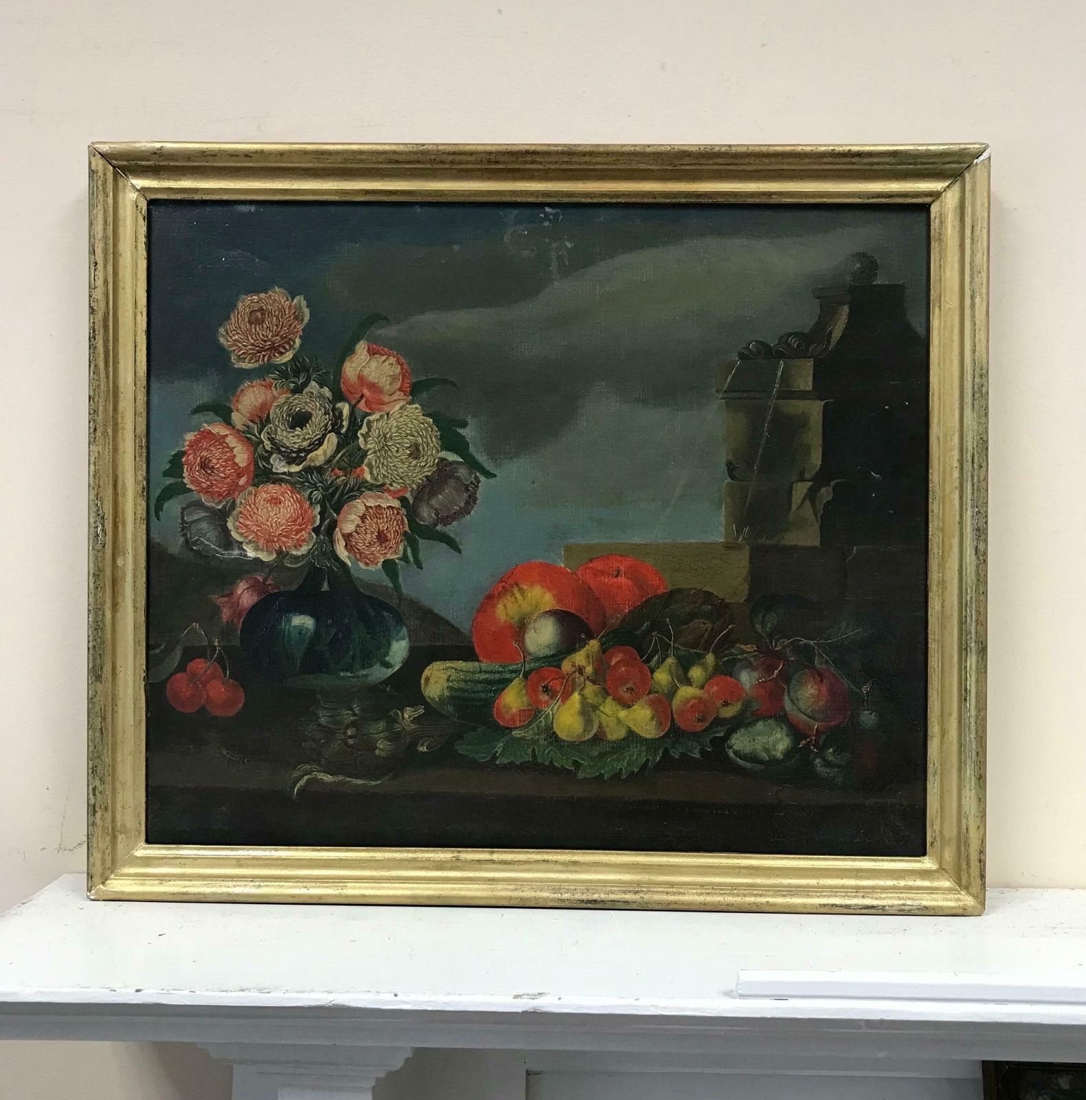 French School19th Century French Oil, Ornamental Flowers & Fruit Still Life Classical Setting photo furniture
