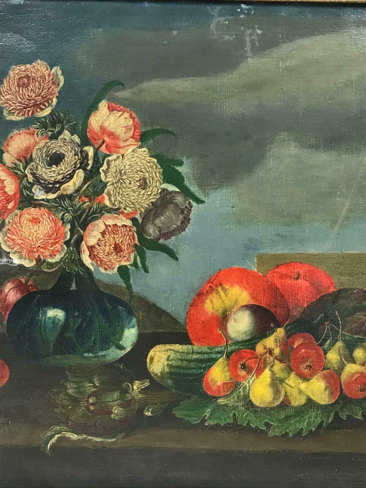French School19th Century French Oil, Ornamental Flowers & Fruit Still Life Classical Setting photo Art