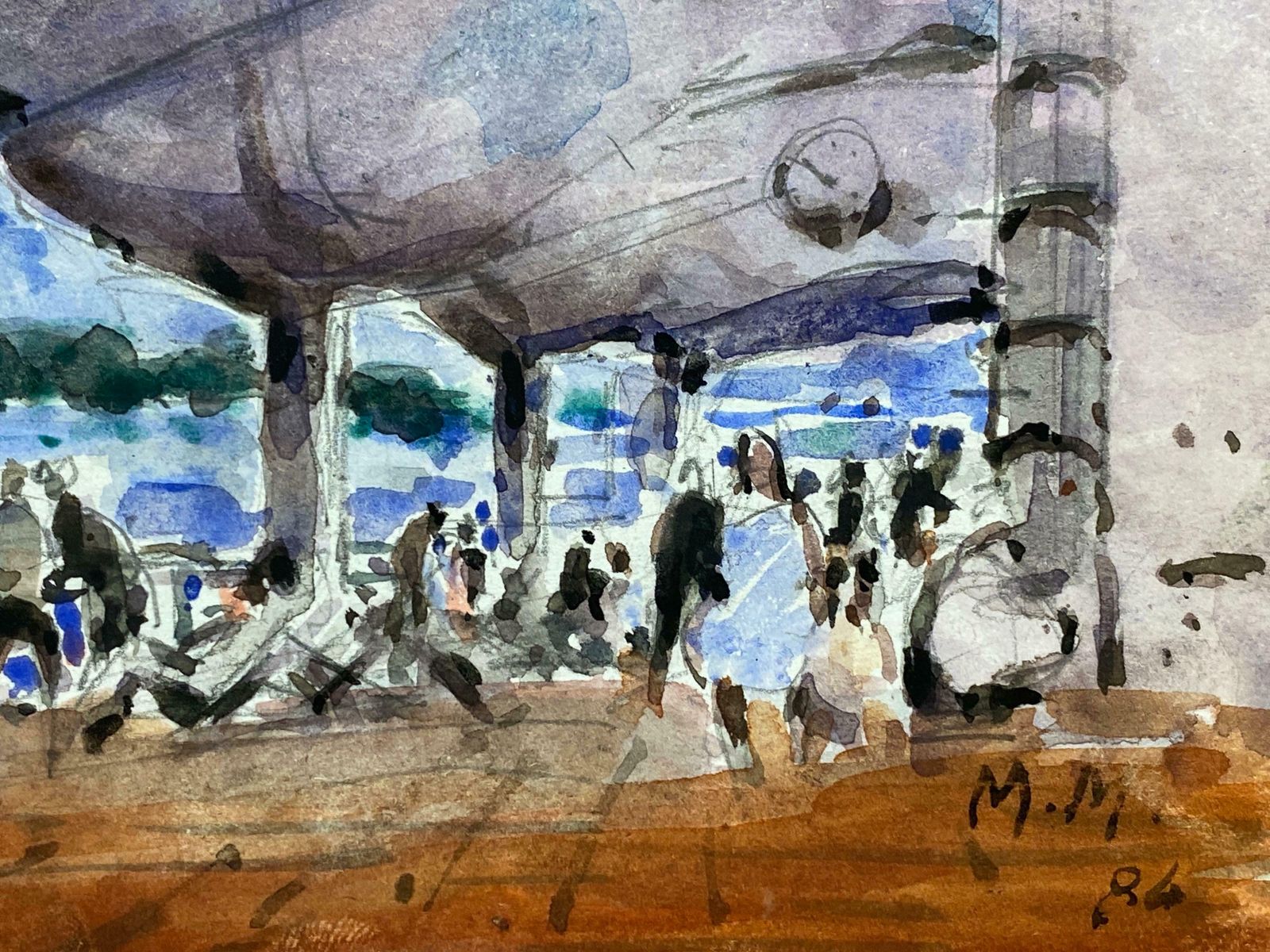 Maurice Mazeiliefrench Impressionist Signed Watercolour   Figures At A Busy Beach Bar photo for sale