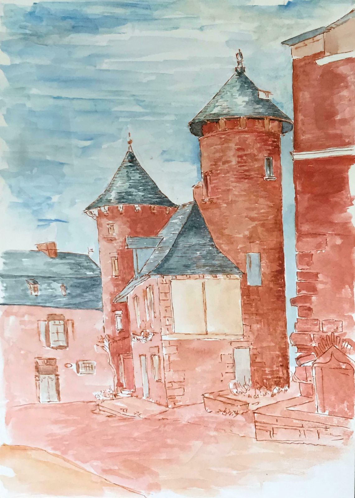 Bernard Labbe1950's Modernist/ Cubist Painting   Red & Blue French Buildings Watercolour 1950's