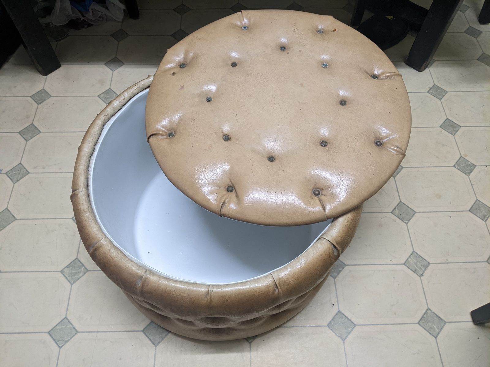 1960s Miss Muffet Tufted Footstool With Storage | Biscuit Brown Faux Leather