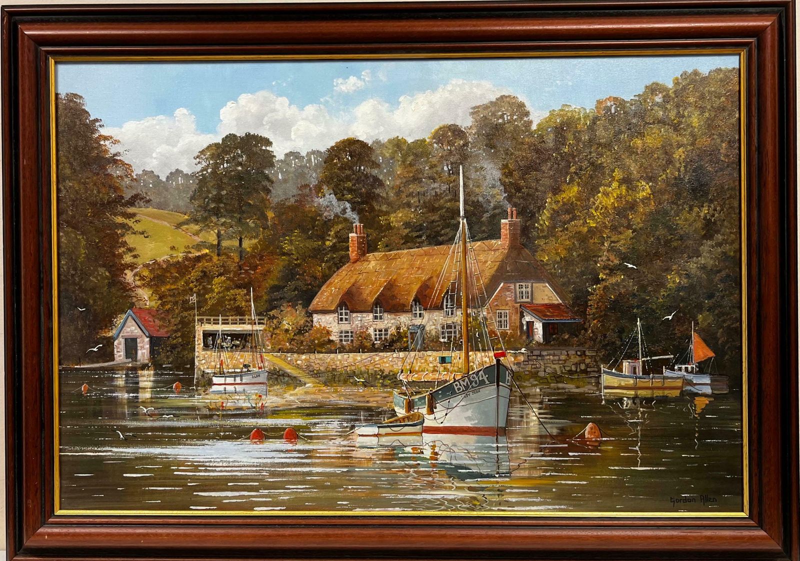 Gordon Allen Original English Oil Painting Boats Moored By Old River Tavern Tranquil Scene
