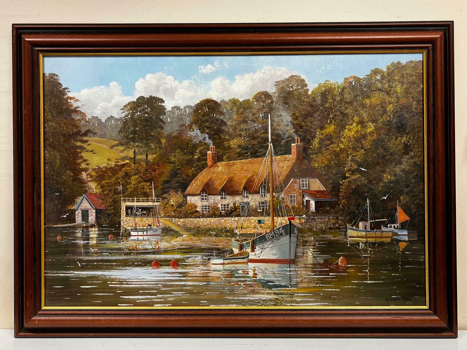 Gordon Allen Original English Oil Painting Boats Moored By Old River Tavern Tranquil Scene photo furniture
