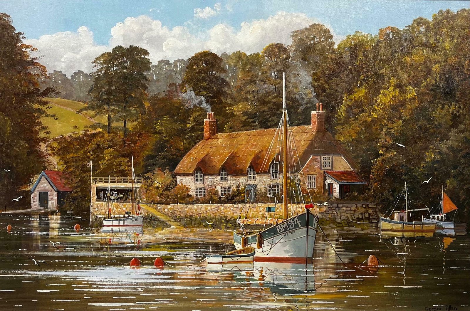 Gordon Allen Original English Oil Painting Boats Moored By Old River Tavern Tranquil Scene photo for sale