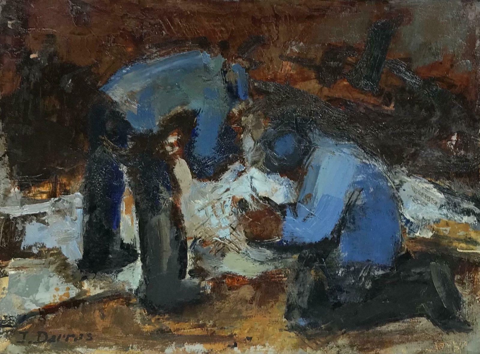 J. Darras French 20th Century Modernist Signed Oil Men In Blue Jackets Working