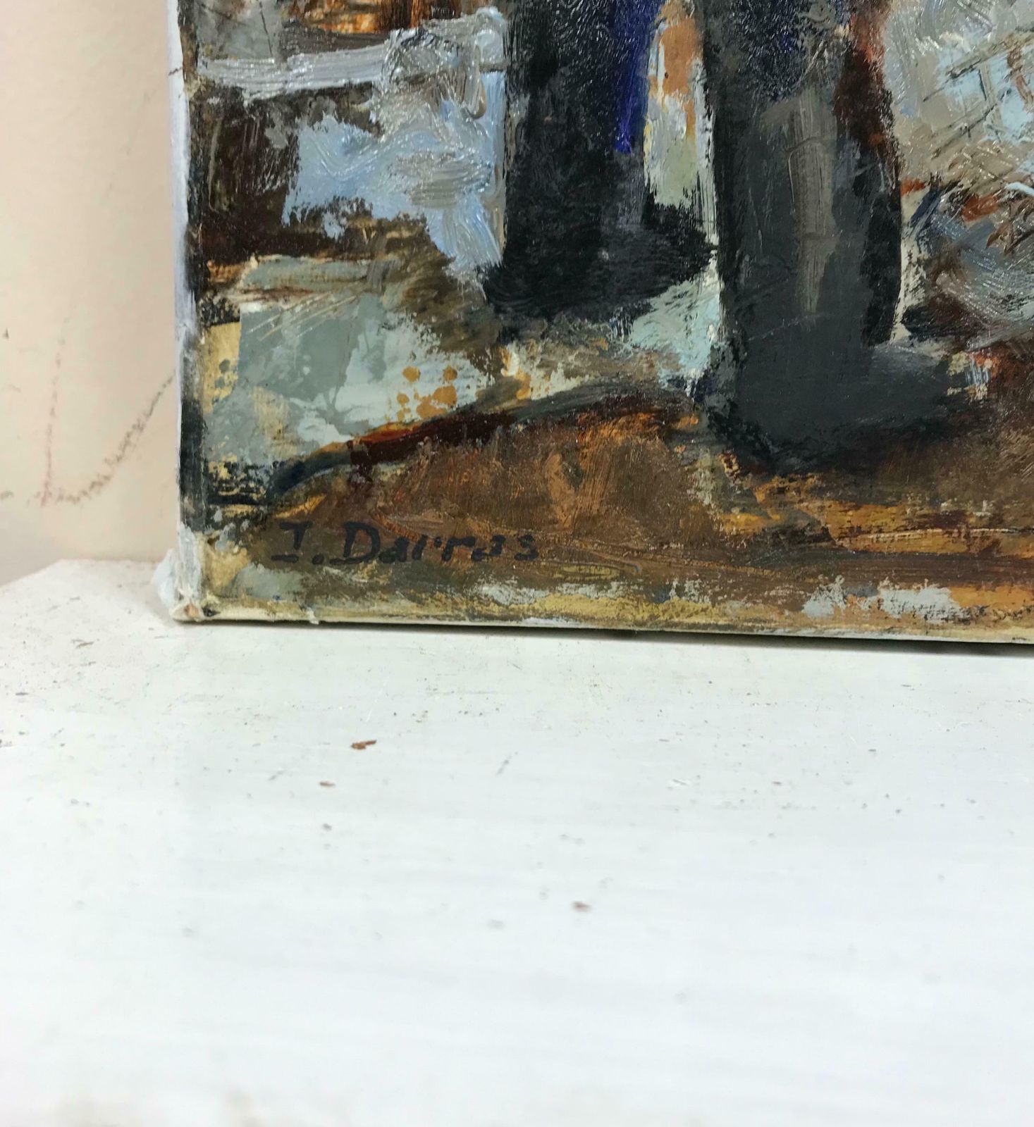 J. Darras French 20th Century Modernist Signed Oil Men In Blue Jackets Working photo vinterior