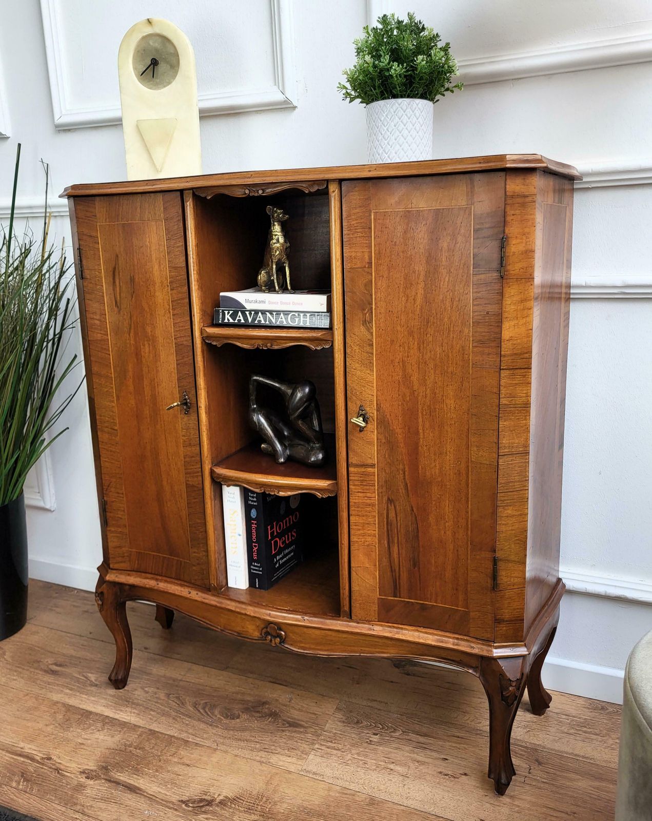 Midcentury Italian Walnut Burl Wood Three Shelves Bookcase Library photo 1290.0