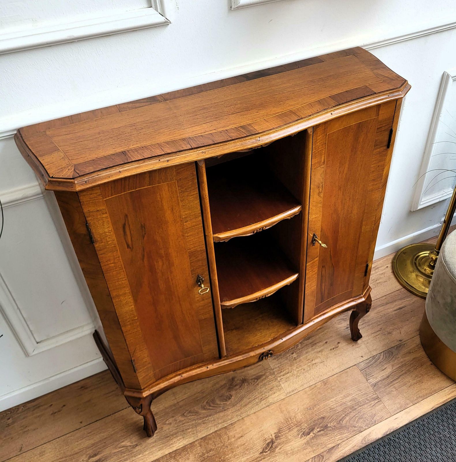 Midcentury Italian Walnut Burl Wood Three Shelves Bookcase Library photo vintage