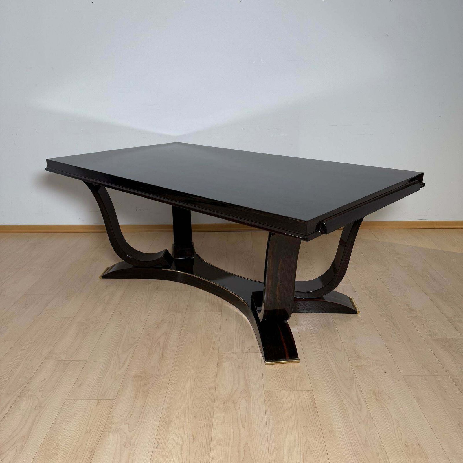 Art Deco Dining Table With 10 Chairs, Macassar Ebony, Brass, Paris Circa 1930 photo for sale