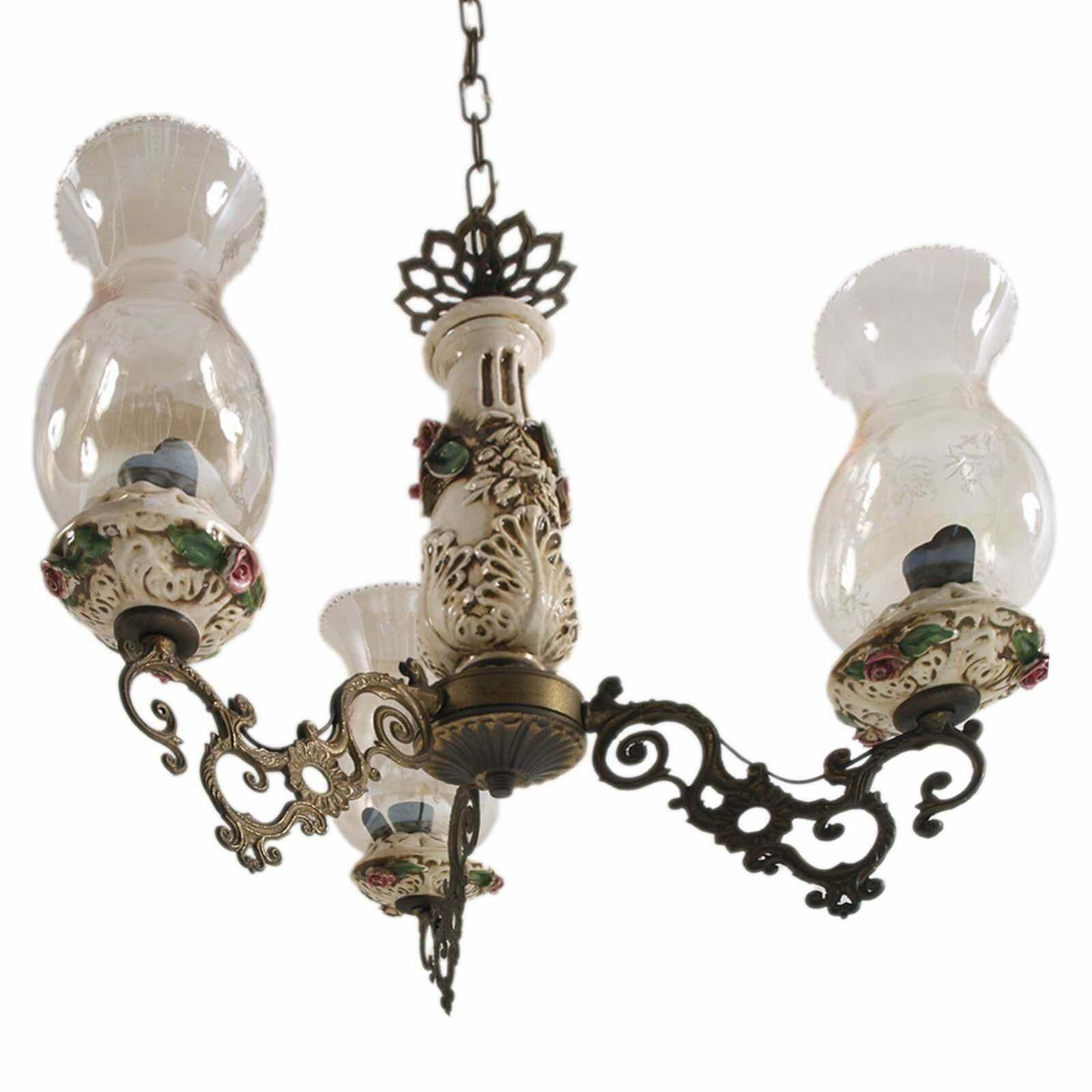Florentine Richard Ginori Pendant Chandelier, Bronze, Porcelain , Murano Glass photo vinterior