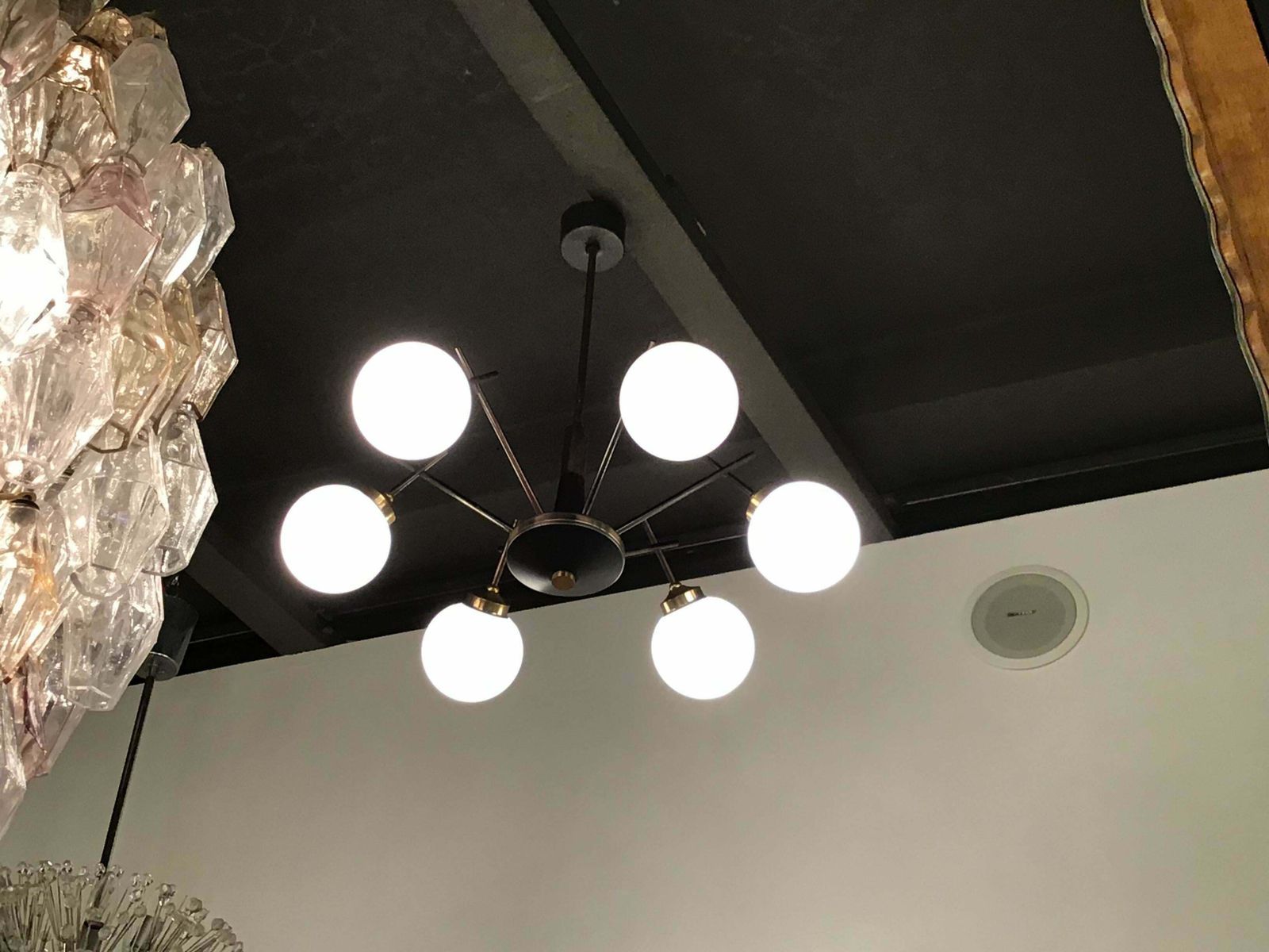 Stilnovo Chandelier 6 Light Brass Metal Opaline Glass, 1955, Italy photo buy