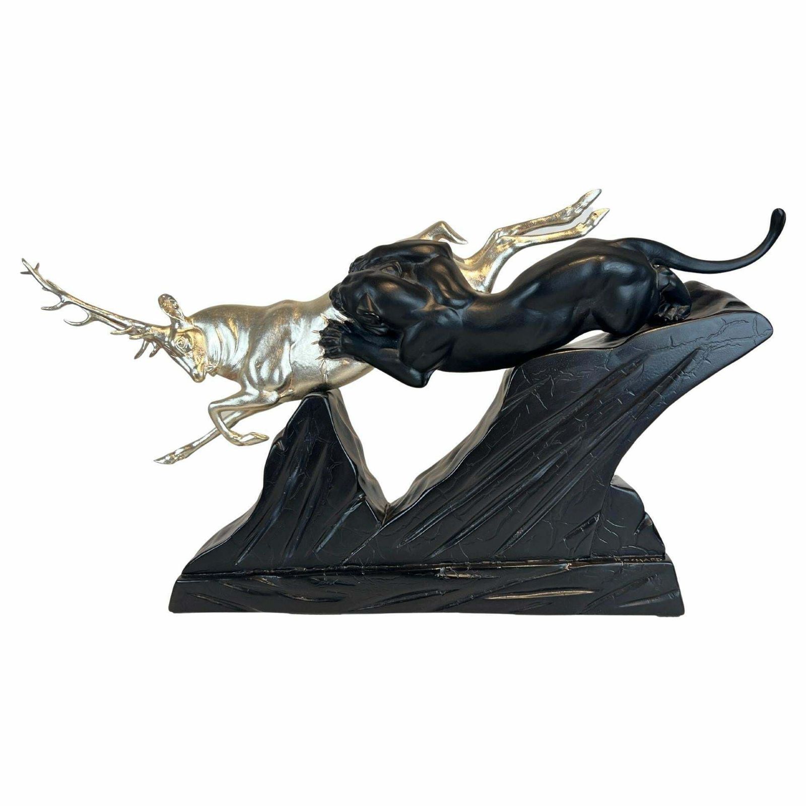 Art Deco Sculpture Of A Deer And Panther By Rochard, White Gold, France C. 1930