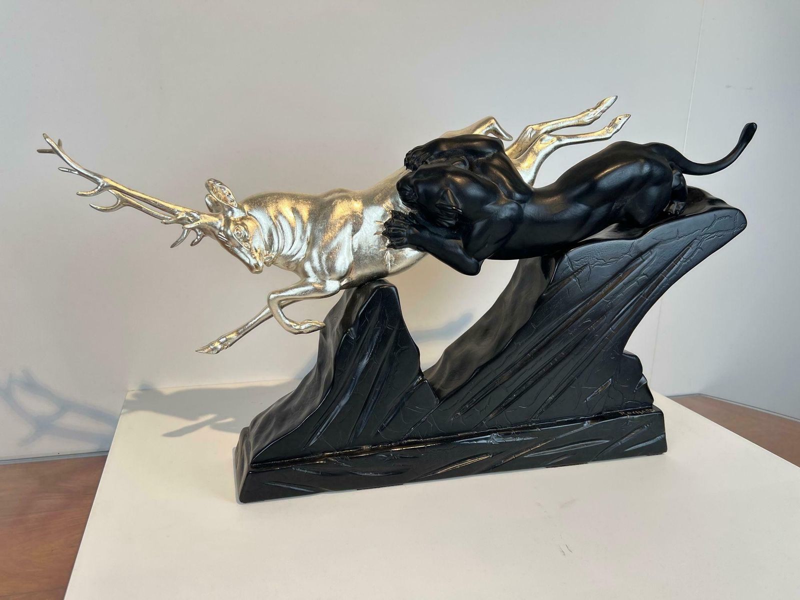 Art Deco Sculpture Of A Deer And Panther By Rochard, White Gold, France C. 1930 photo 3572.0