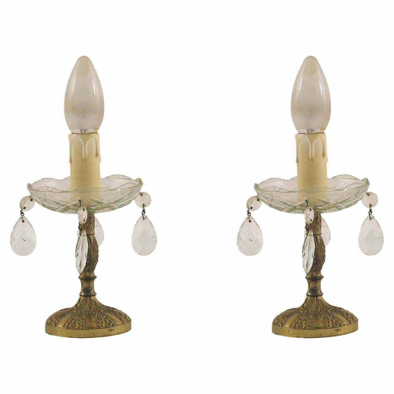 Antique Small Pair Art Nouveau Bedside Lamps, Gilded Bronze, Swarowsky Crystal