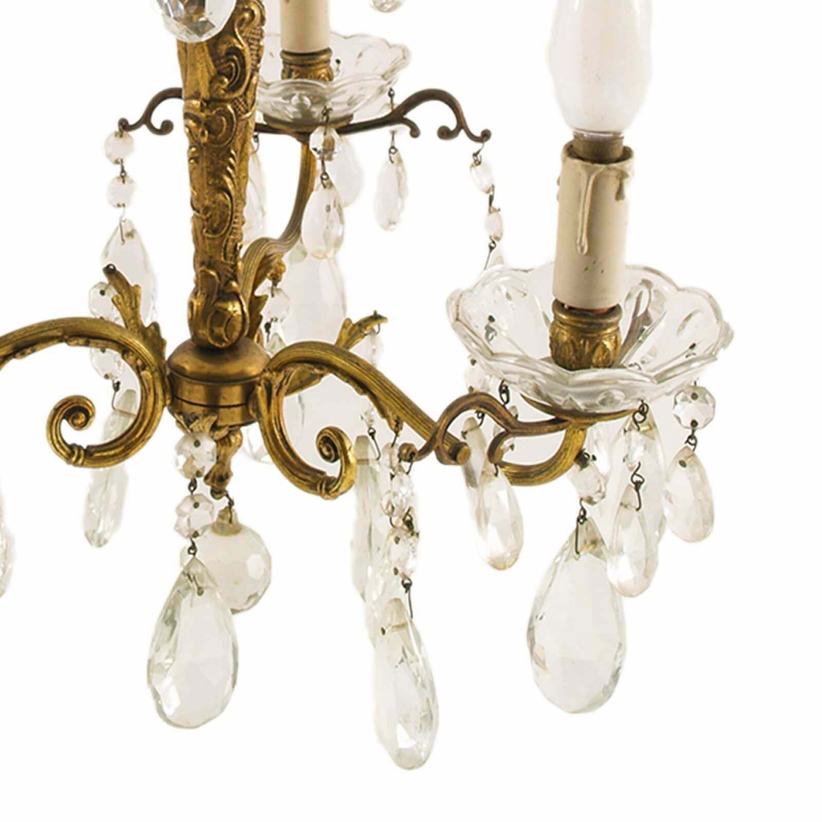 Art Nouveau Three Light Chandelier In Gilded Bronze And Swarowski Pendants photo for sale